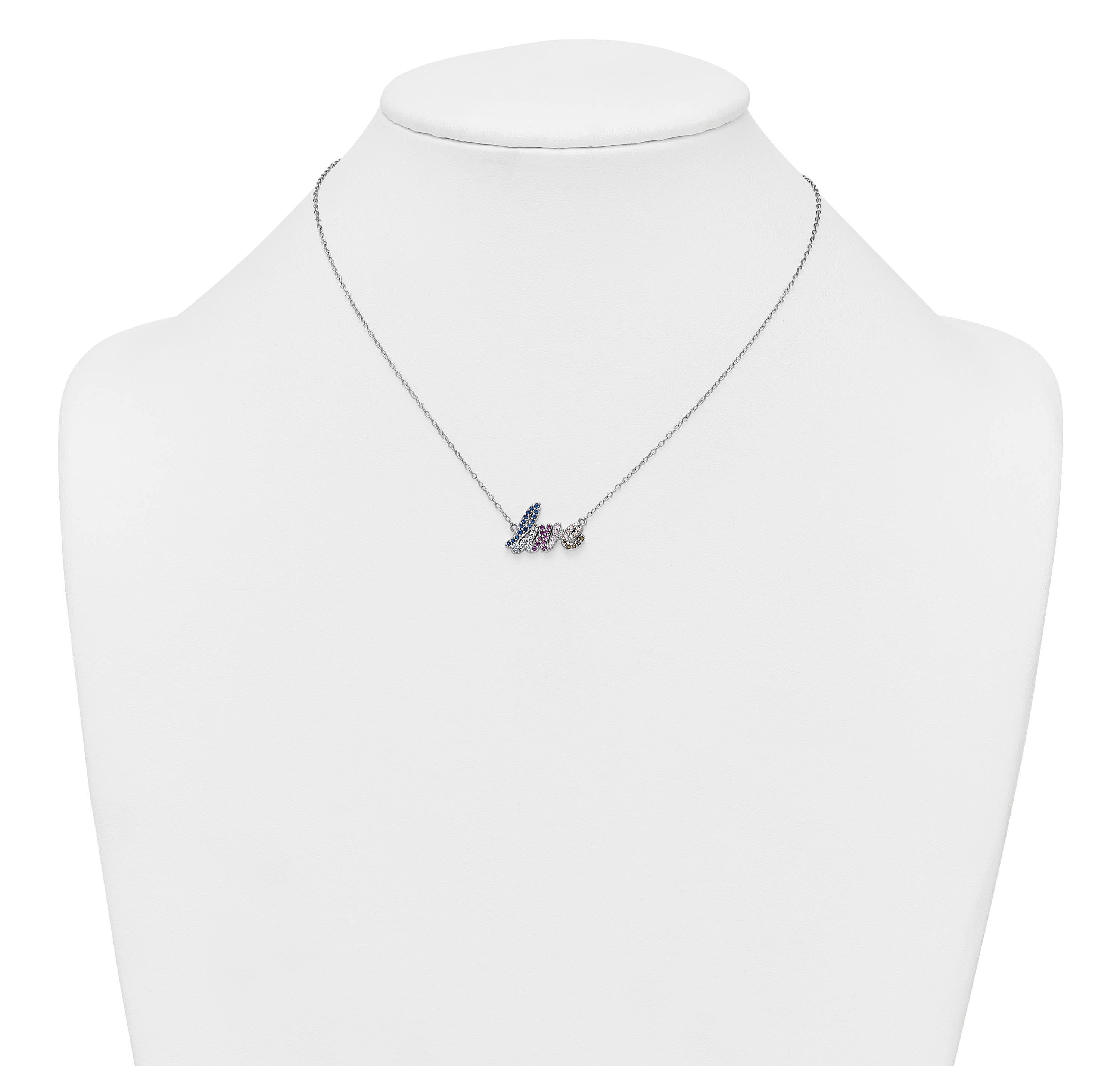Sterling Silver Rhodium-plated Polished Multi-color Cubic Zirconia LOVE 16-inch with 2-inch Extension Necklace