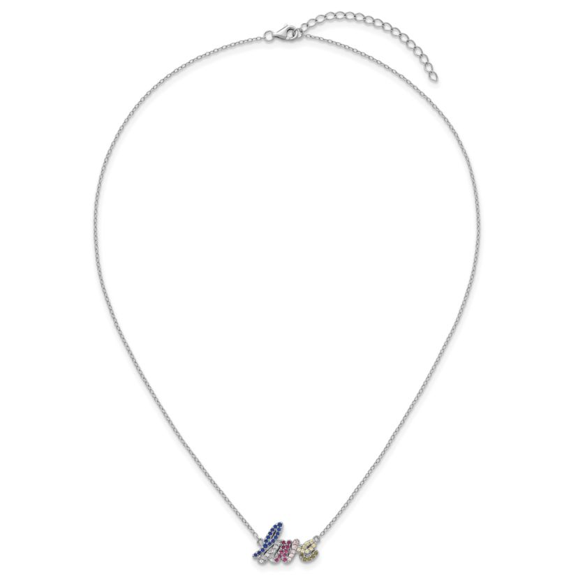 Sterling Silver Rhodium-plated Polished Multi-color Cubic Zirconia LOVE 16-inch with 2-inch Extension Necklace