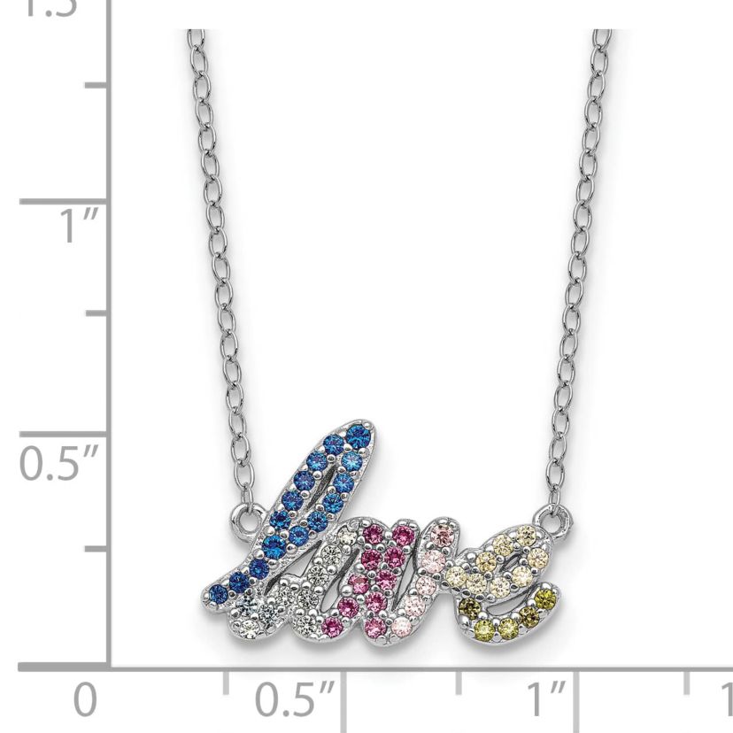 Sterling Silver Rhodium-plated Polished Multi-color Cubic Zirconia LOVE 16-inch with 2-inch Extension Necklace