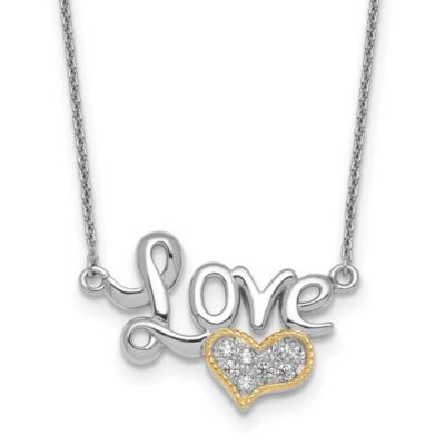 Luxury Giftware by Jere Sterling Silver with 14k Accent Polished Cubic Zirconia Love with Heart with 2-inch Extension Necklace, White, 16 in