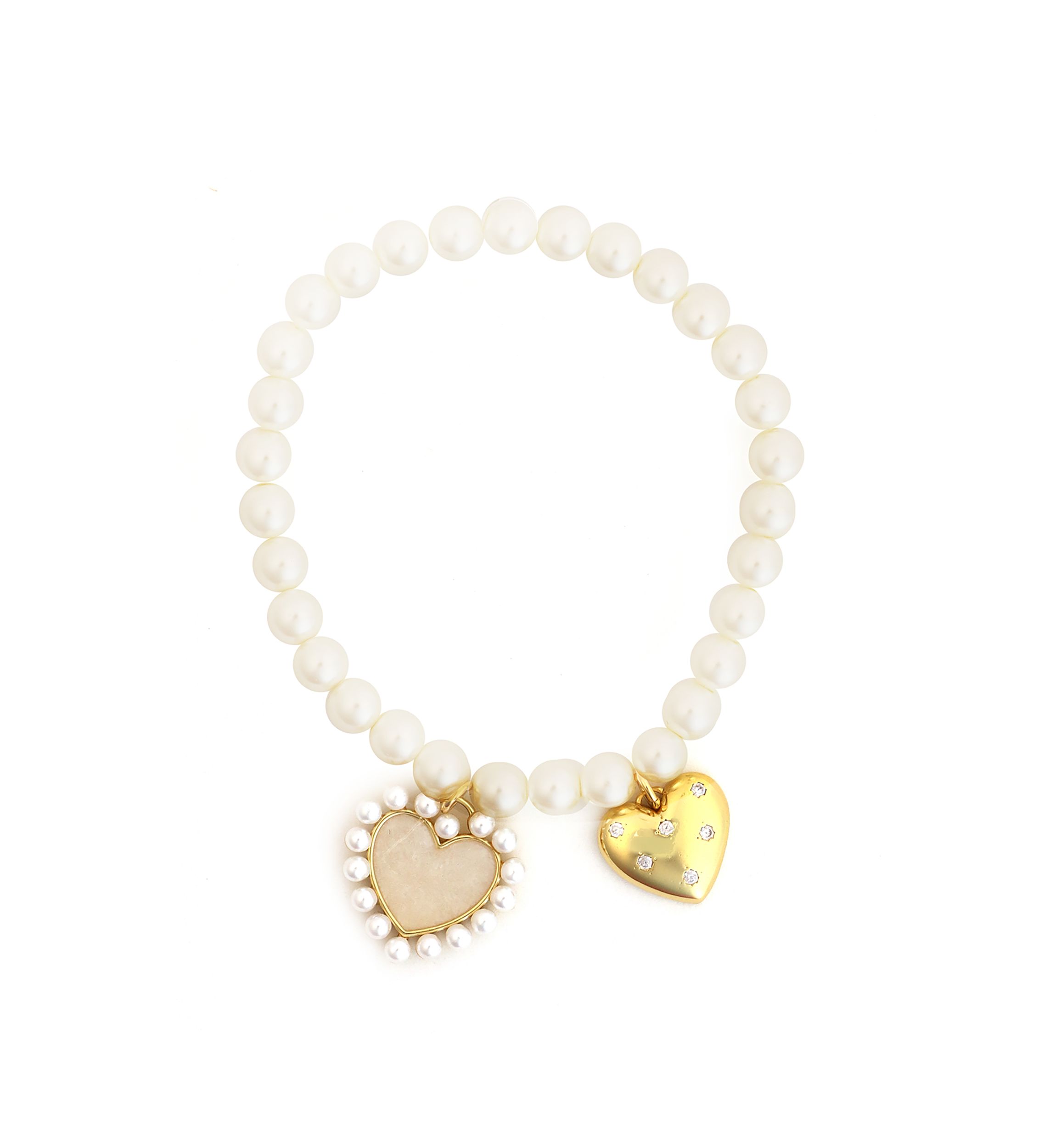 Gold Plated Pearl Heart Charms Stretch Bracelet