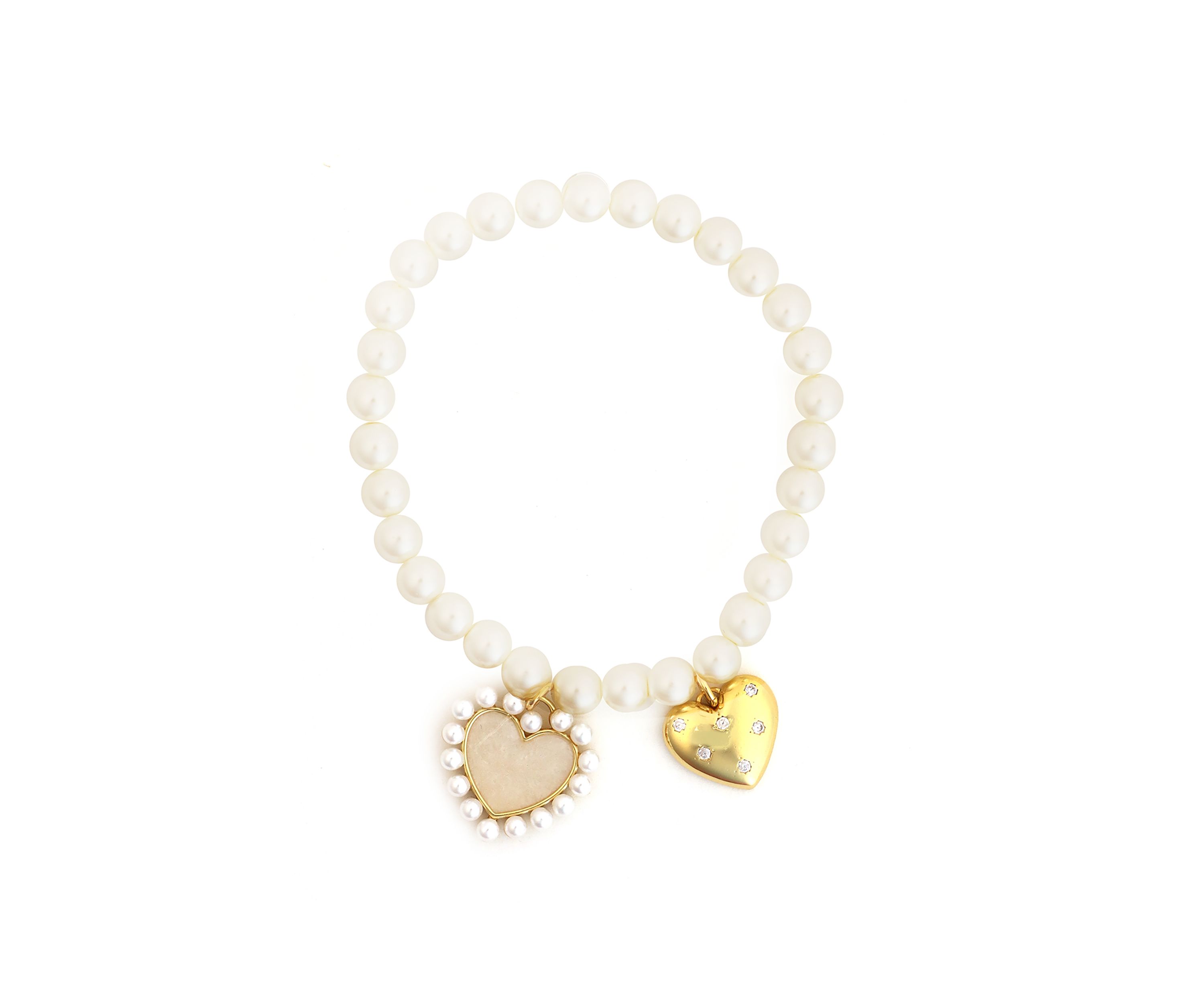 Gold Plated Pearl Heart Charms Stretch Bracelet
