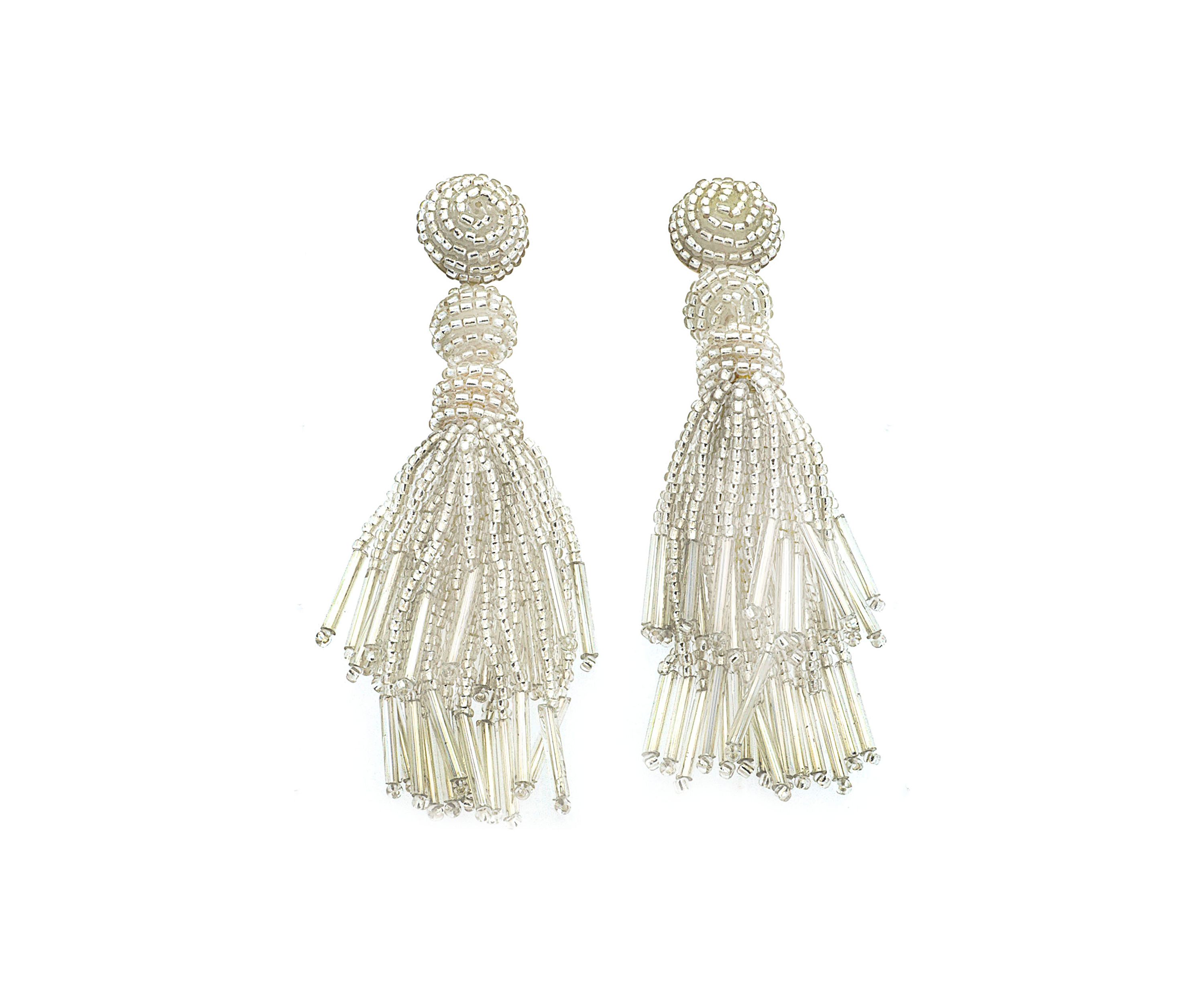 Silver Beaded Stacked Tassel Earrings