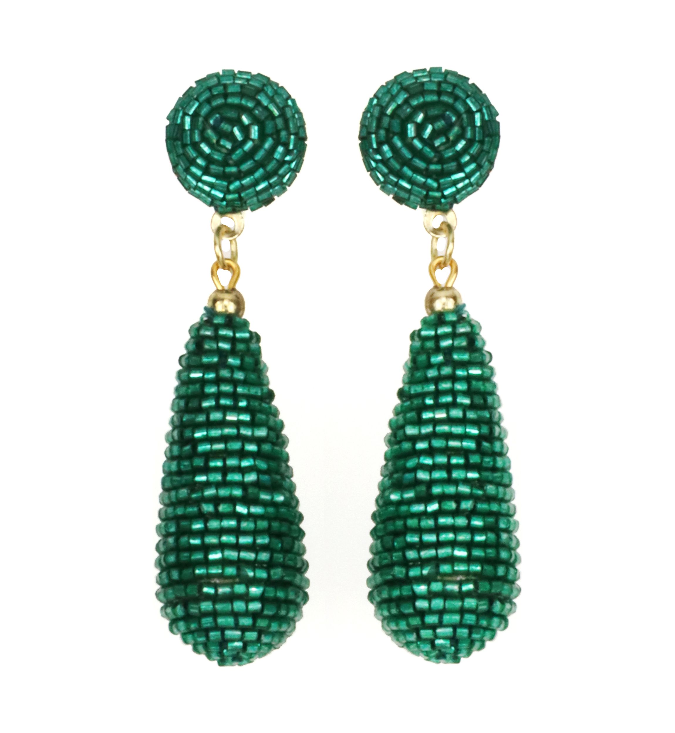 Gold Tone Emerald Green Beaded Teardrop Earrings
