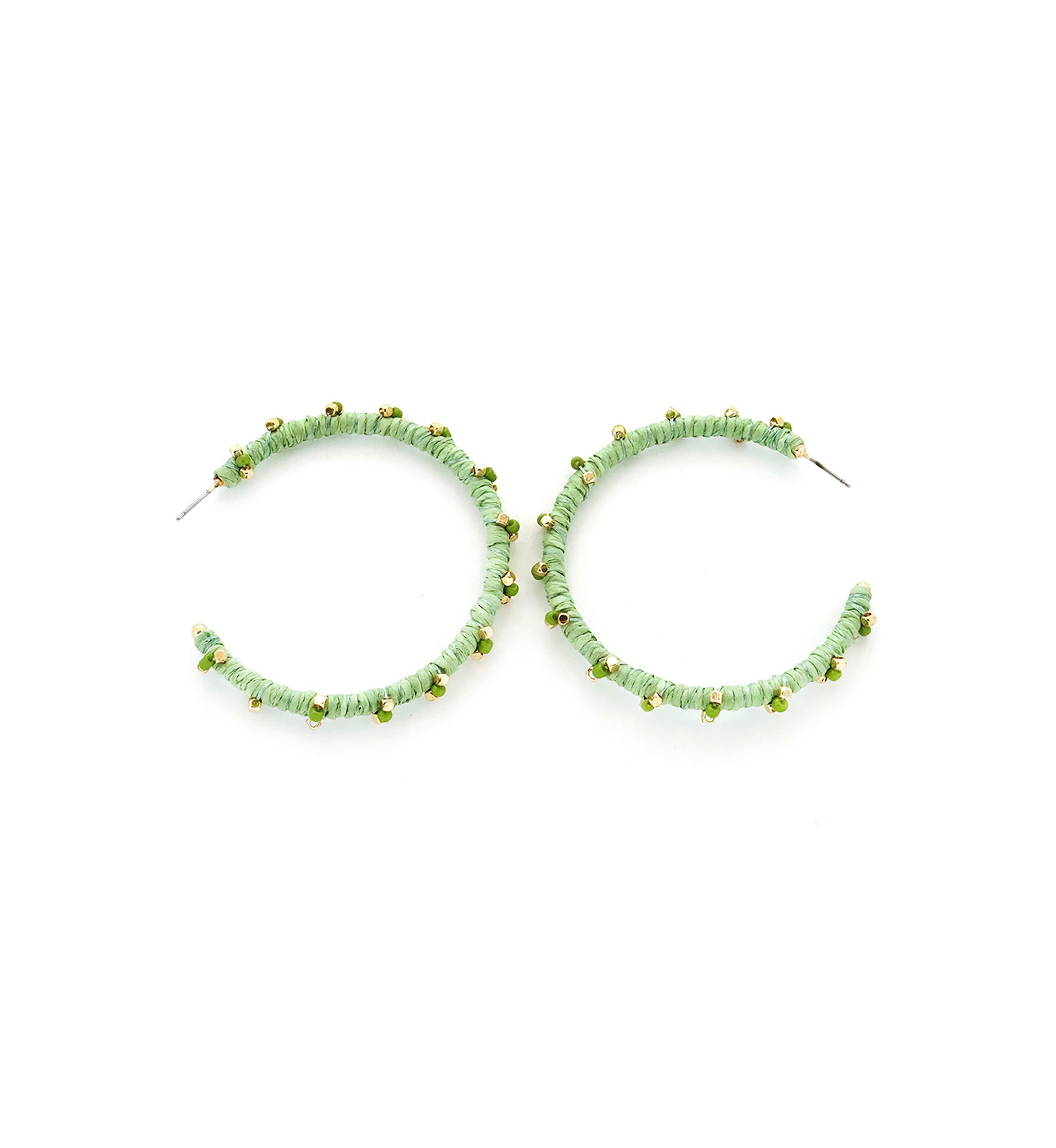 Green Wrapped Gold Ball Hoop Earrings