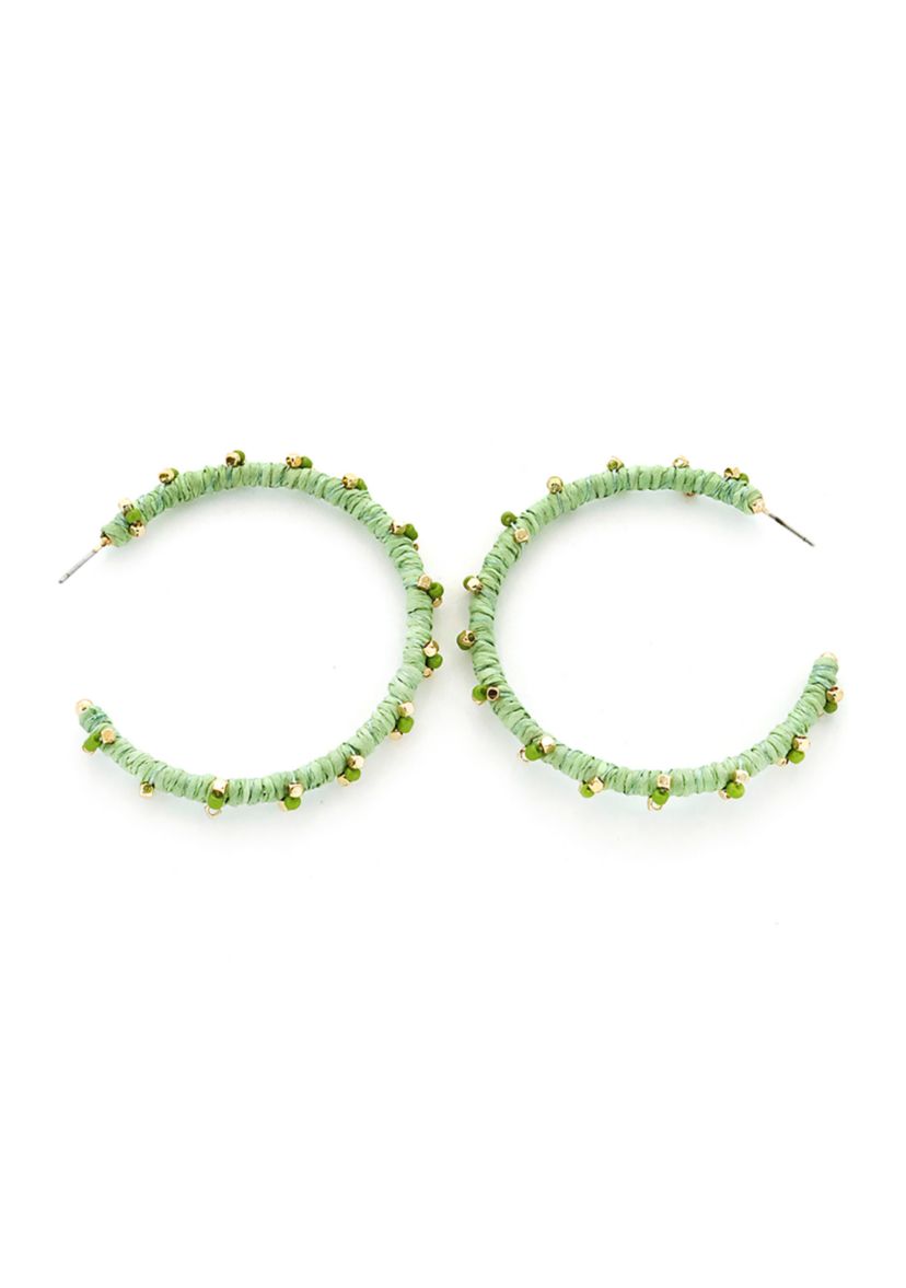 Green Wrapped Gold Ball Hoop Earrings