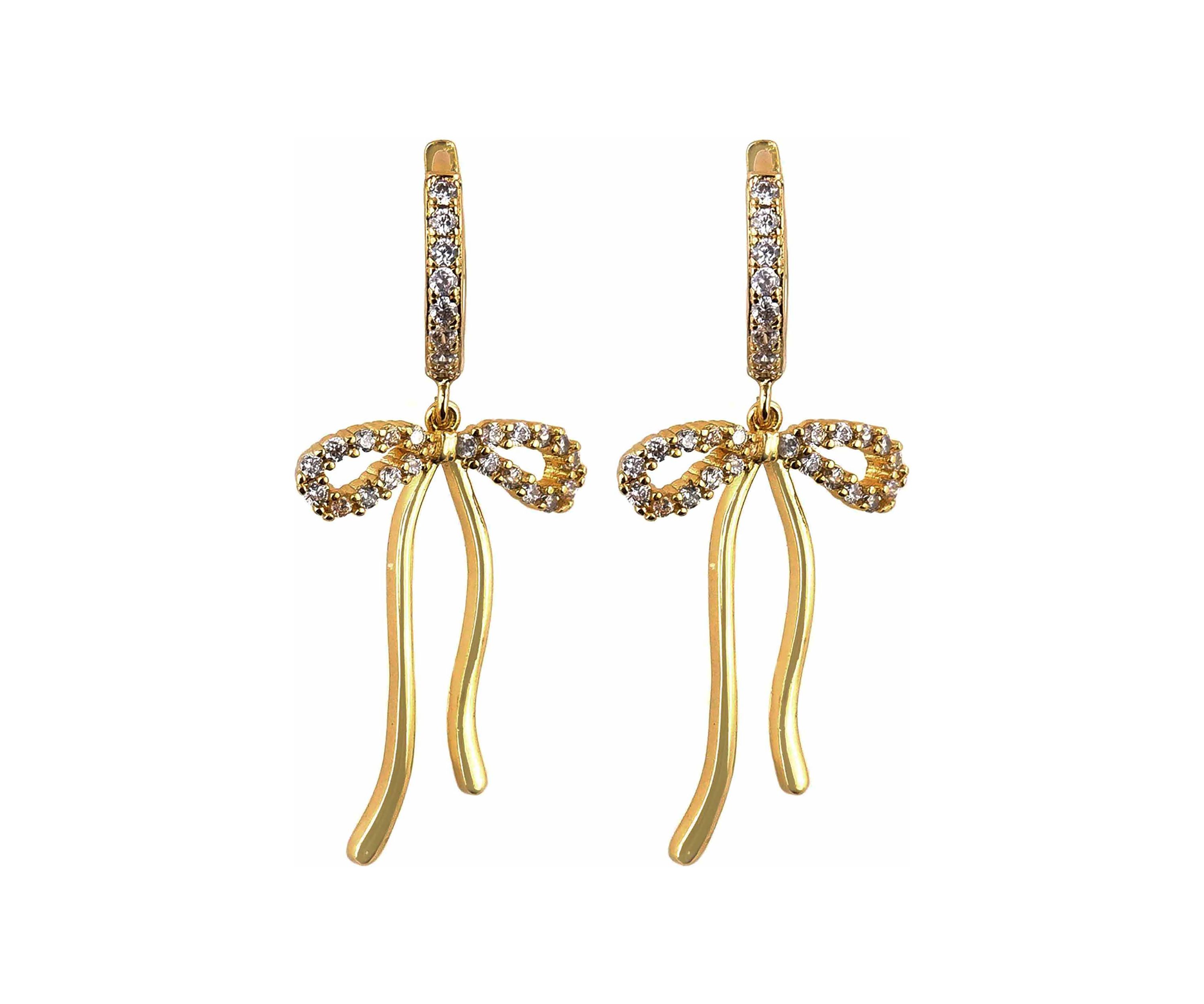 Gold Plated Pave Bow Huggie Earrings