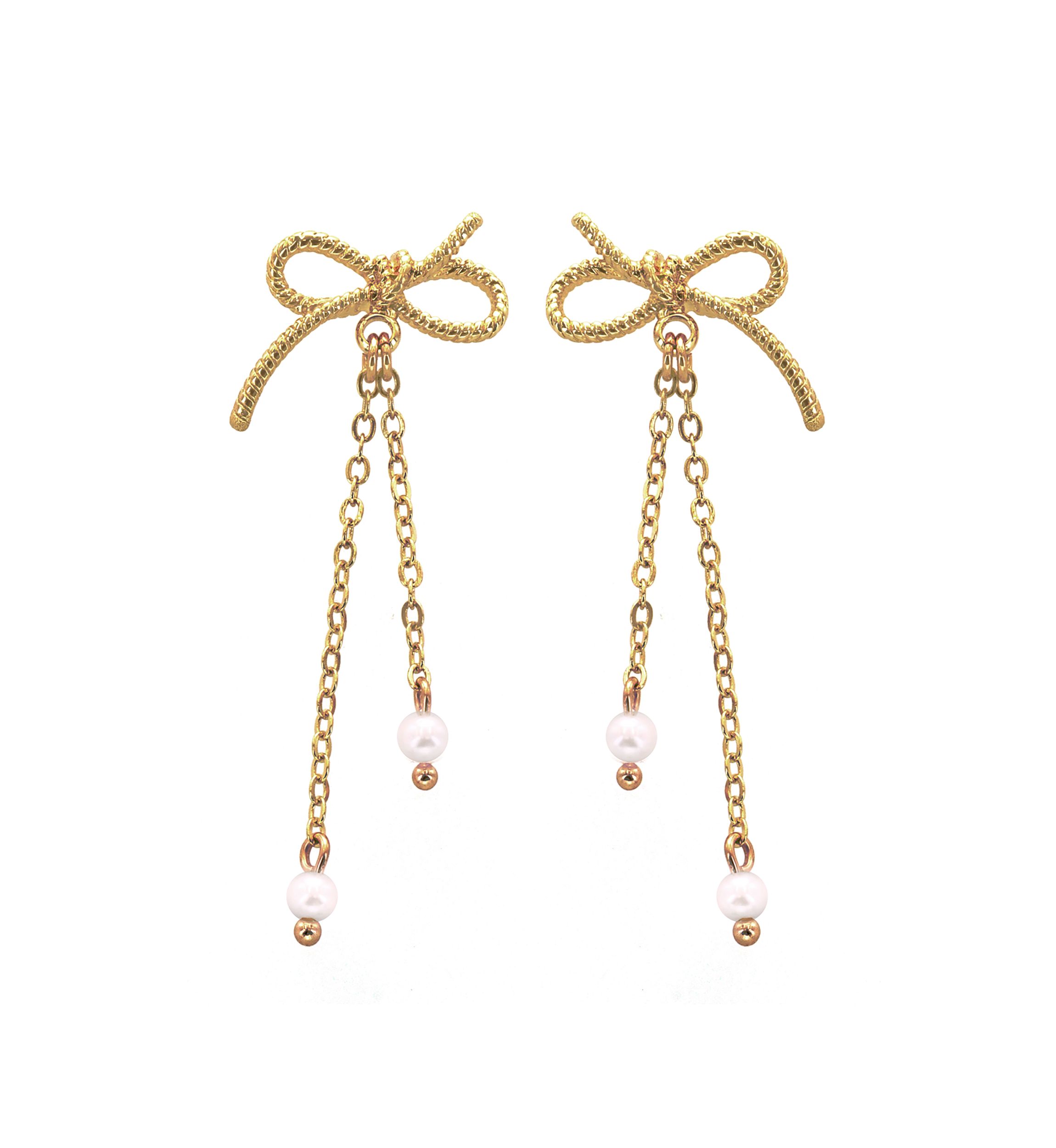 Gold Plated Bow with Pearl Drop Earrings