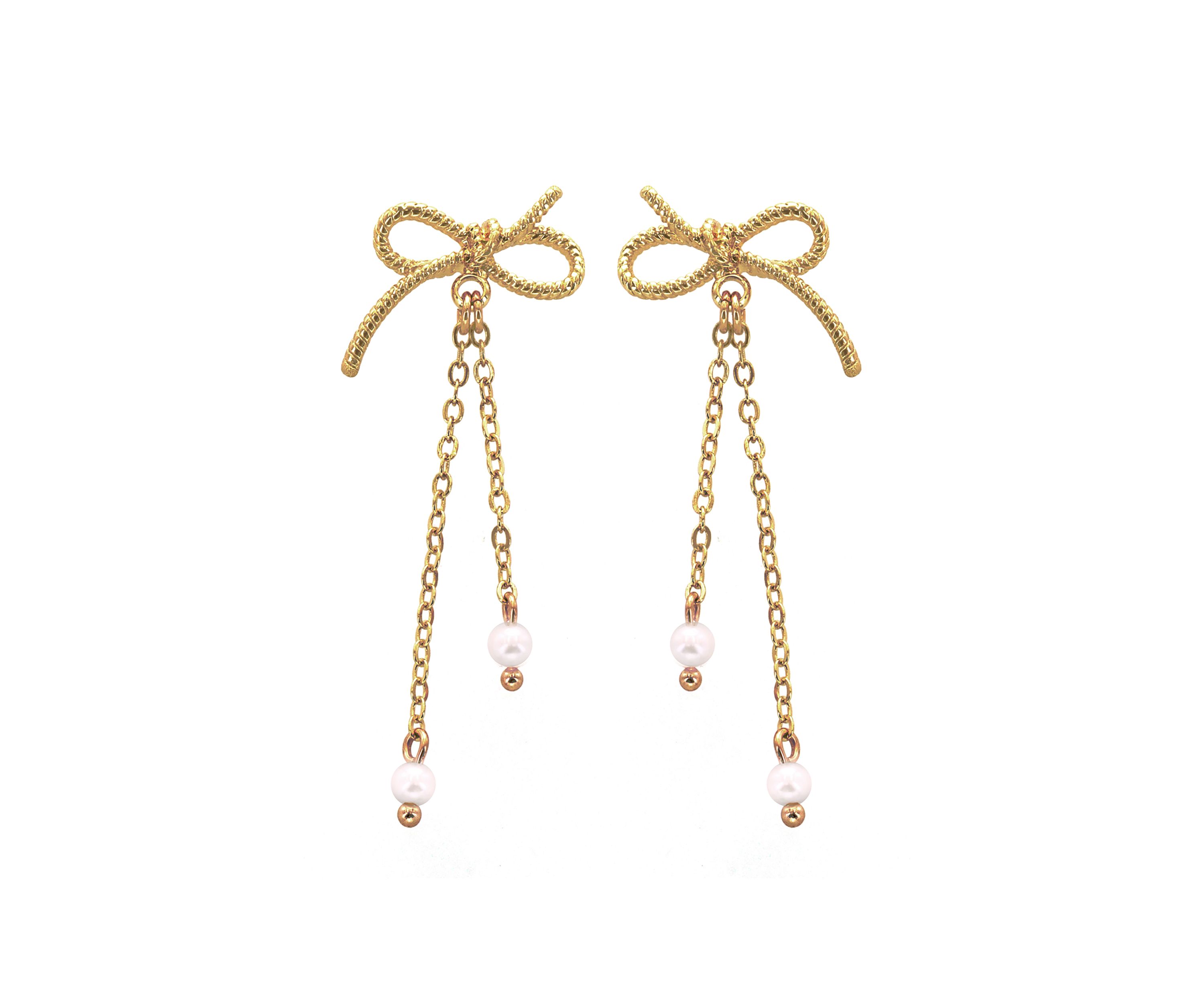 Gold Plated Bow with Pearl Drop Earrings