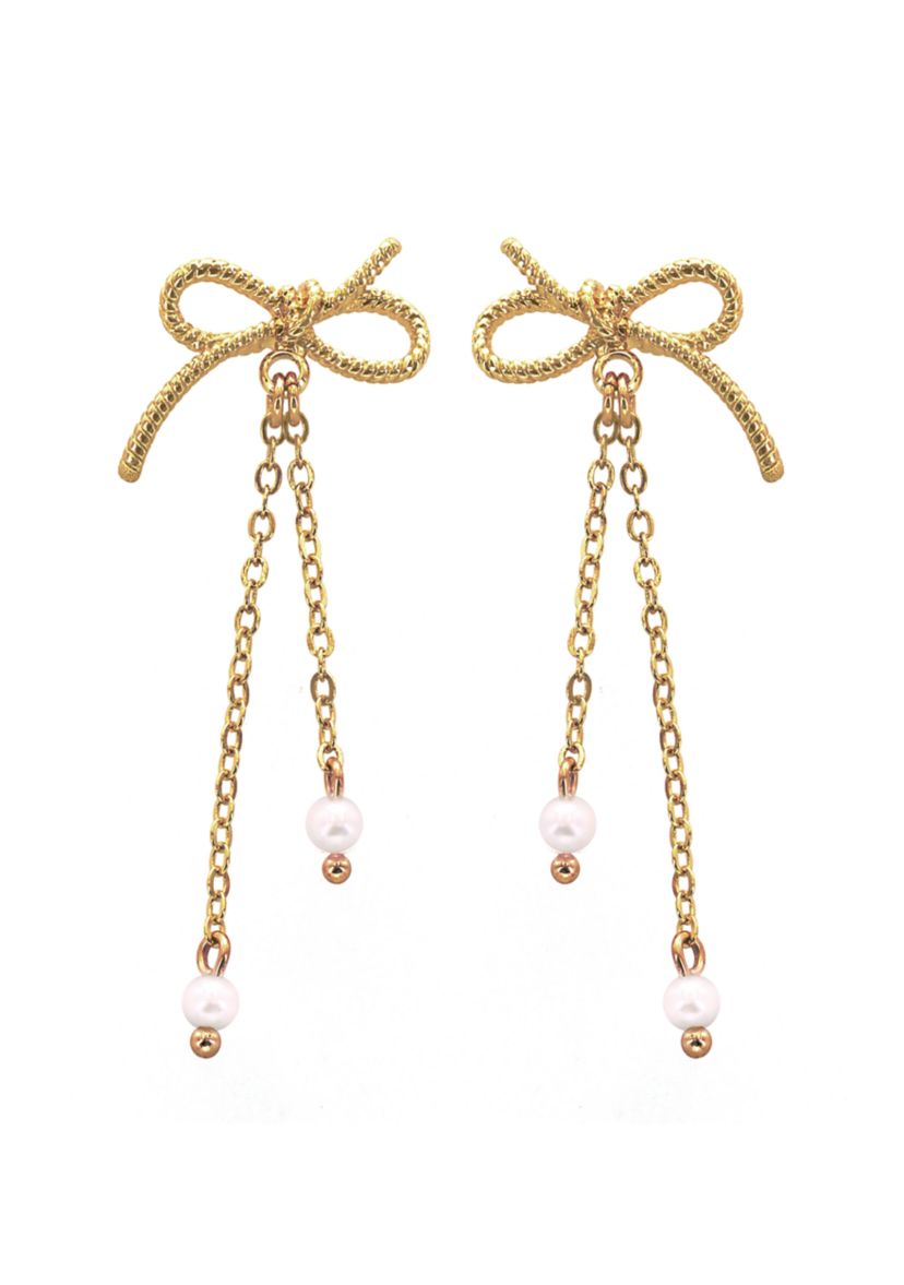 Gold Plated Bow with Pearl Drop Earrings