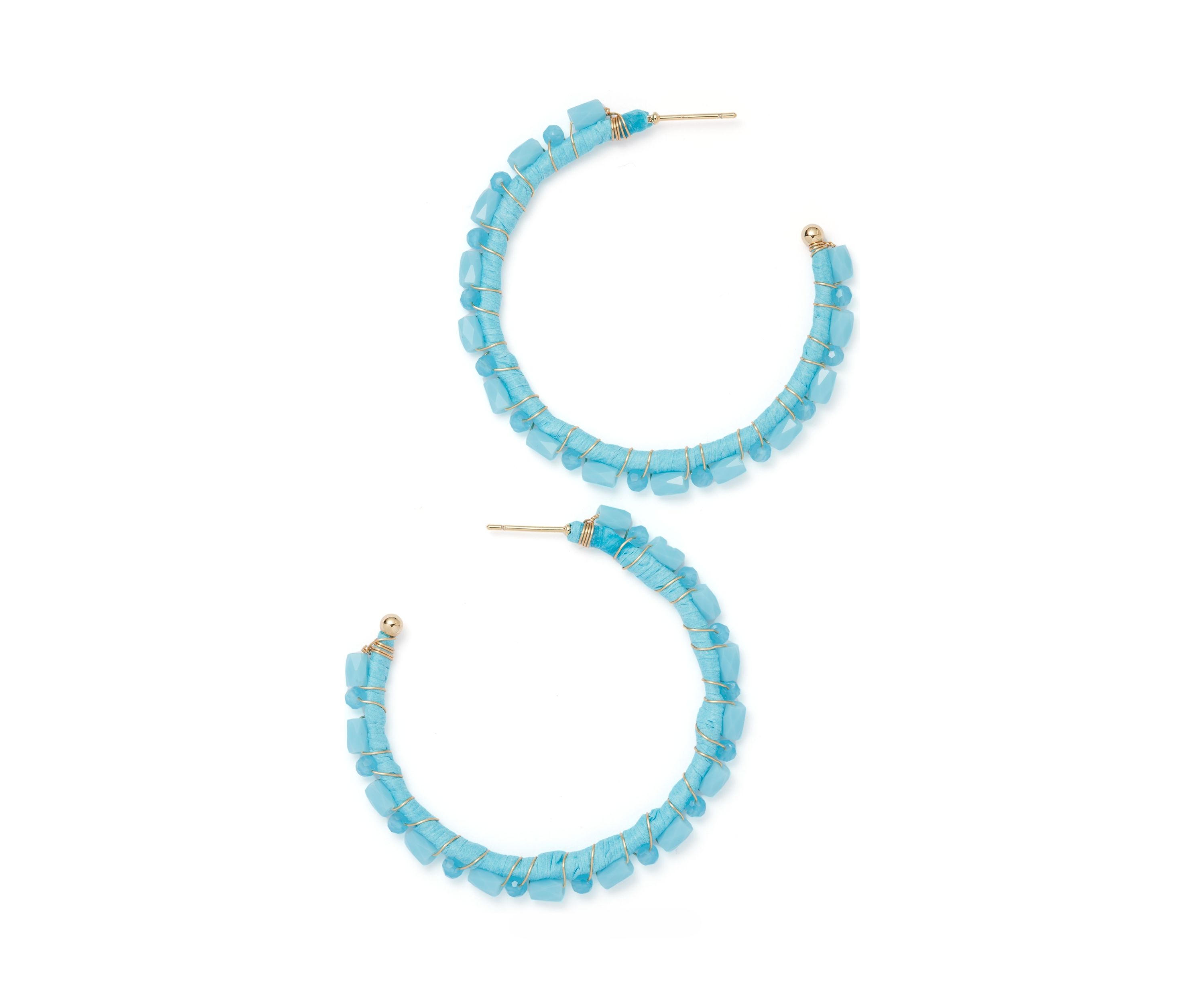 Gold Tone Blue Beaded Hoop Earrings