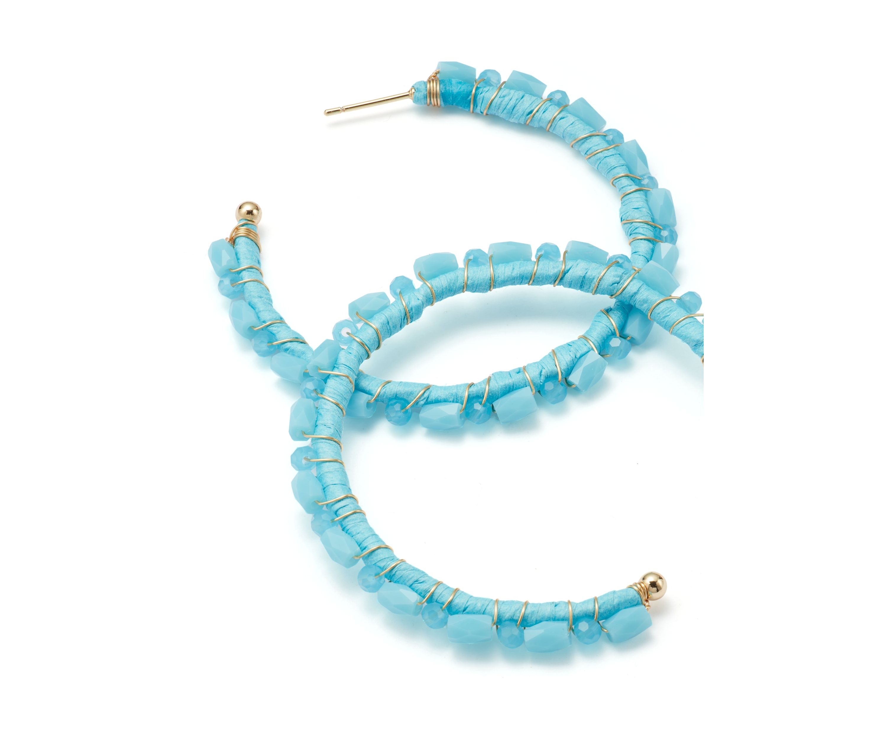 Gold Tone Blue Beaded Hoop Earrings