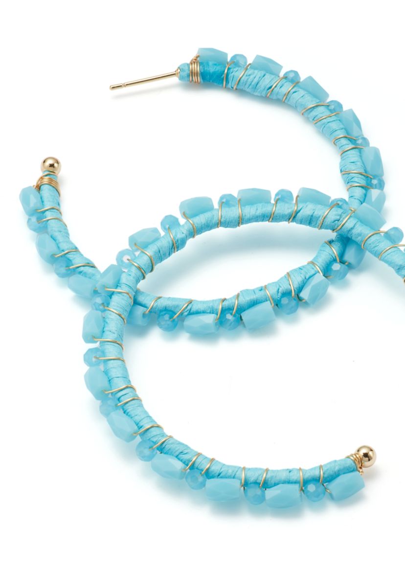 Gold Tone Blue Beaded Hoop Earrings