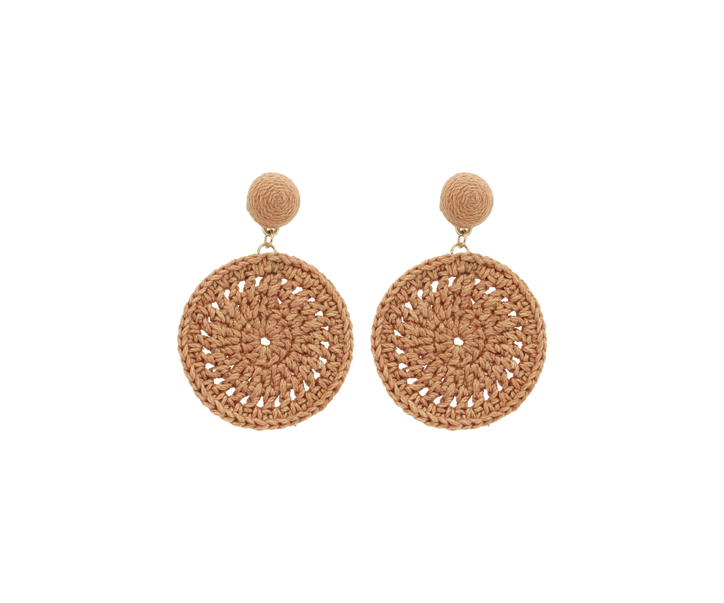Gold Tone Peach Crochet Circle Drop Earrings