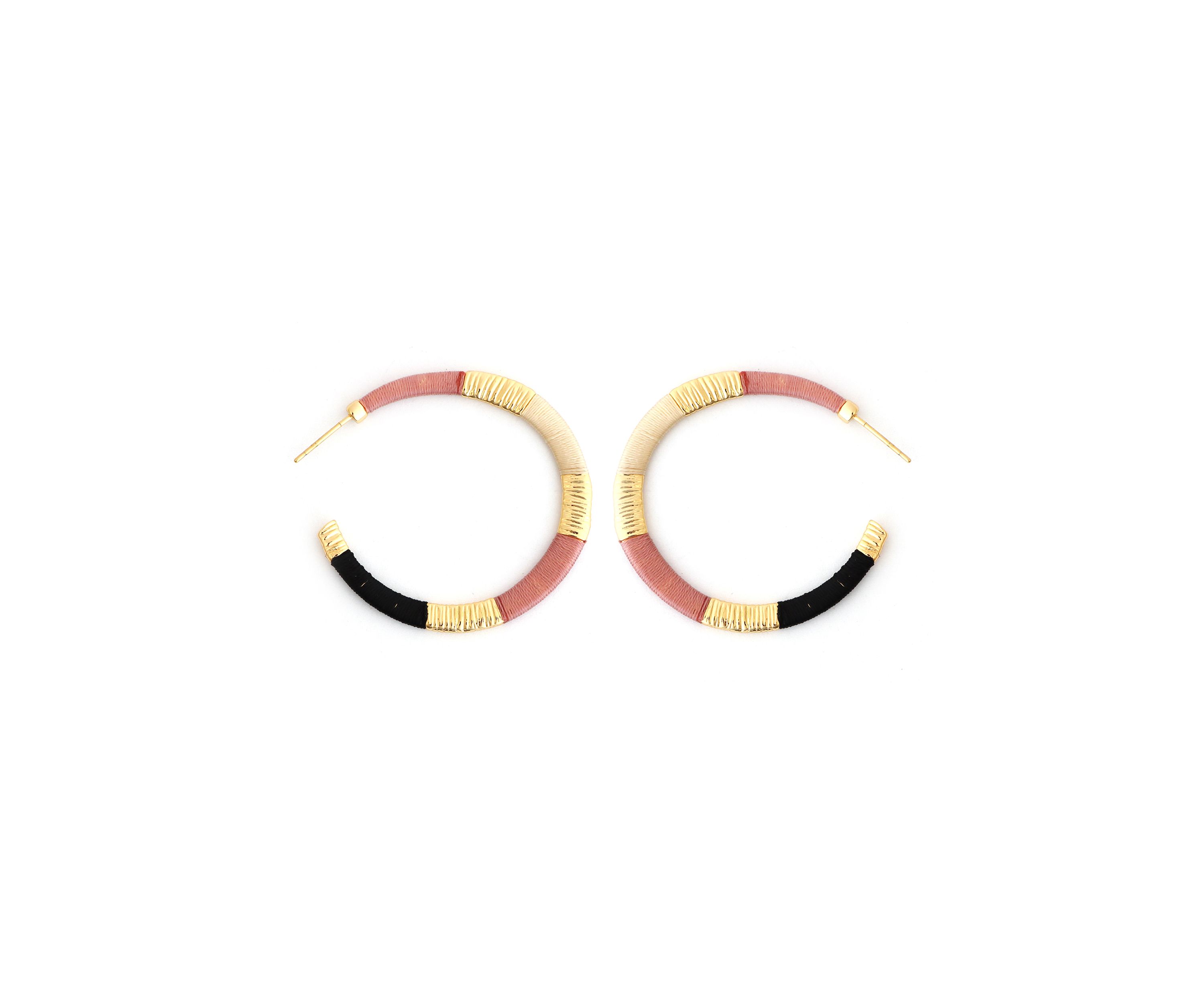 Gold Tone Pink and Black Wrapped Hoop Earrings