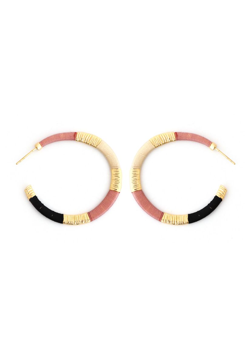 Gold Tone Pink and Black Wrapped Hoop Earrings