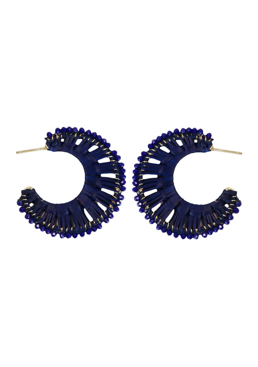 Gold Plated Navy Raffia Crystal Lined Hoop Earrings