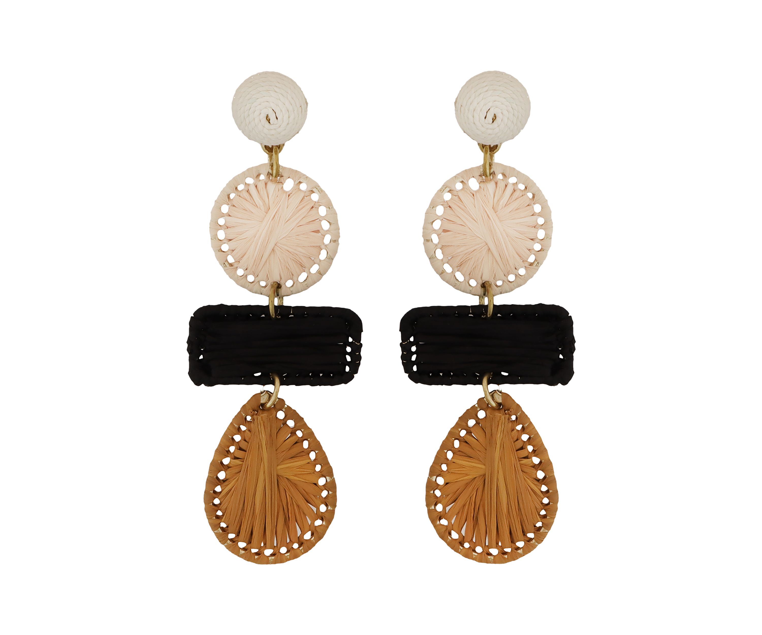 Gold Tone Ivory, Brown and Black Raffia Shape Earrings