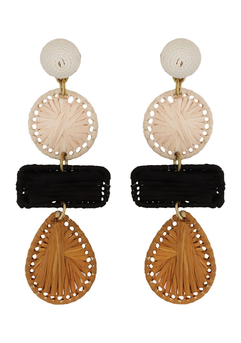 Gold Tone Ivory, Brown and Black Raffia Shape Earrings