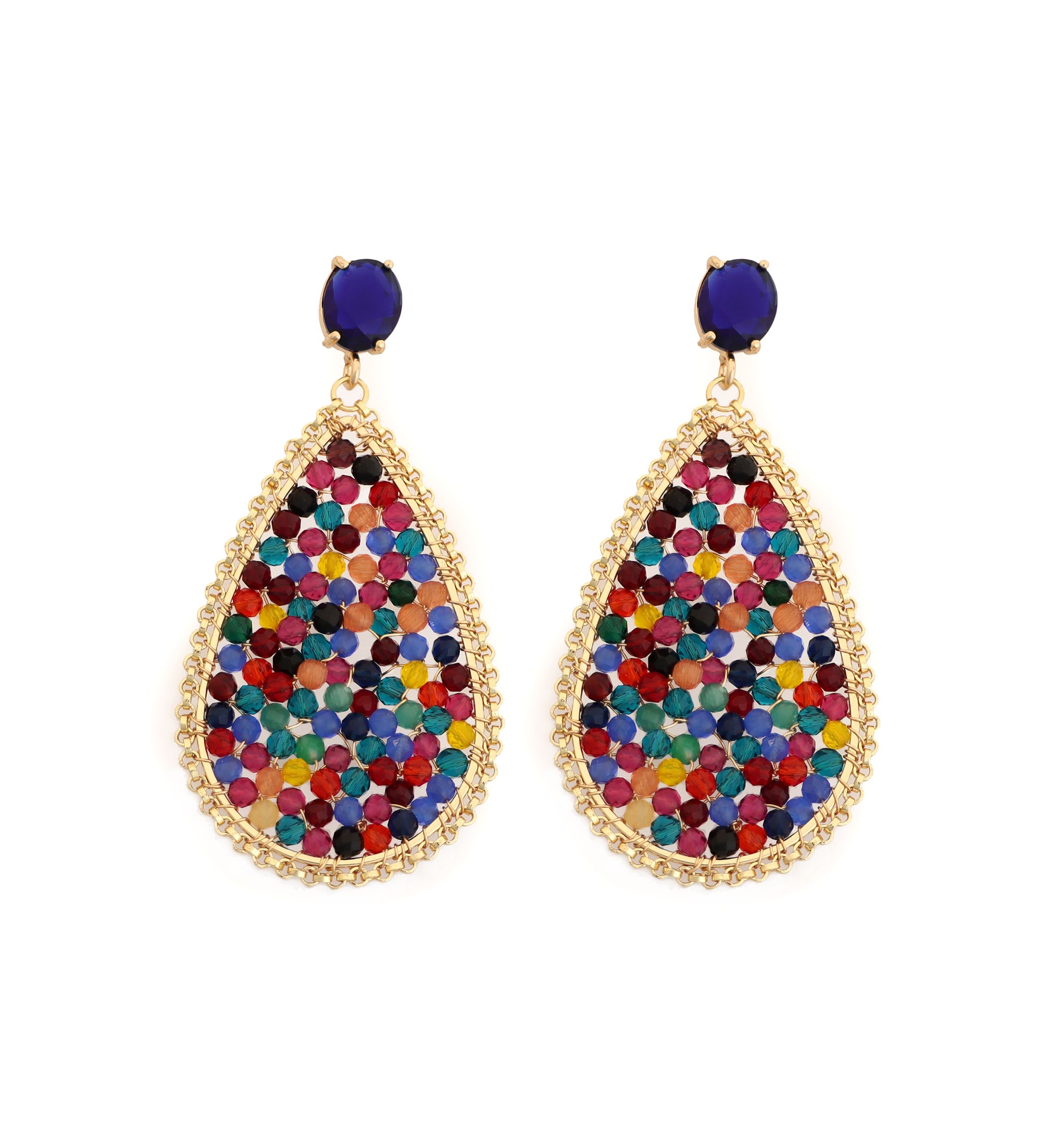 Gold Plated Navy Crystal Multi Teardrop Earrings