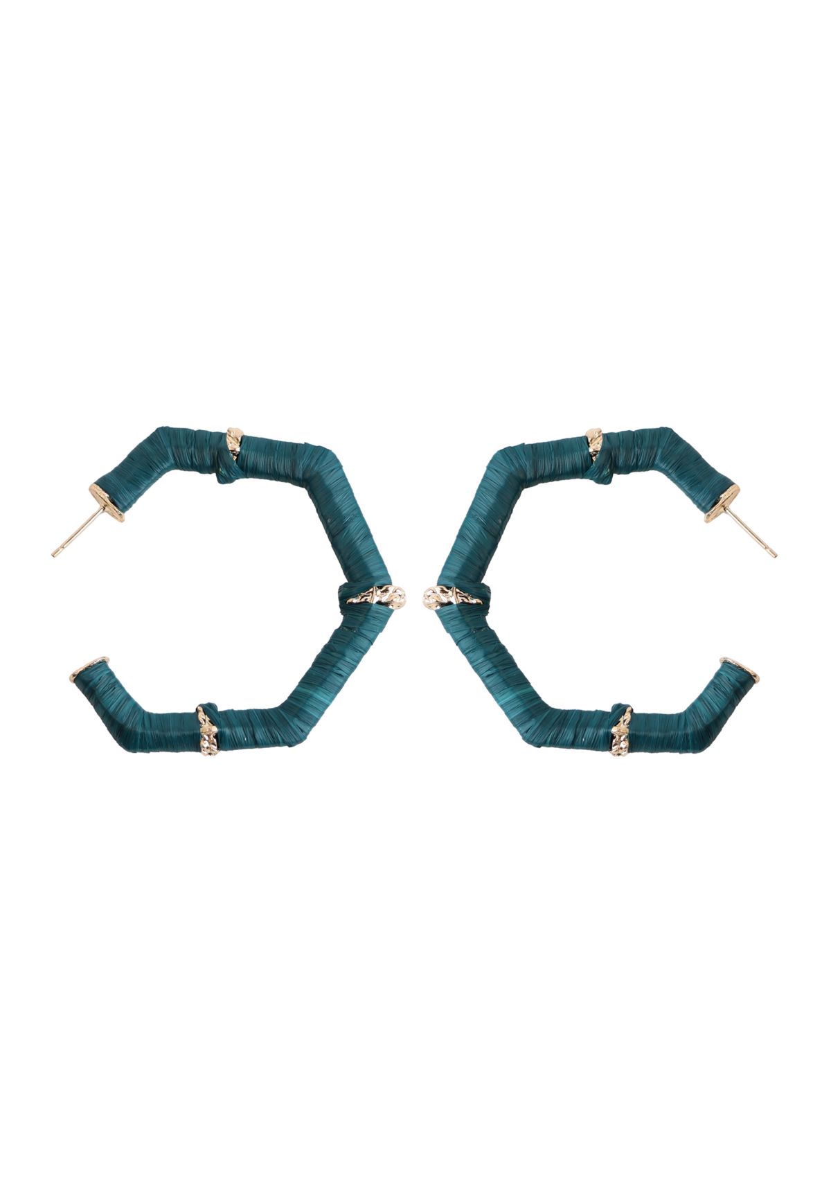 Gold Plated Teal Raffia Hexagon Hoop Earrings