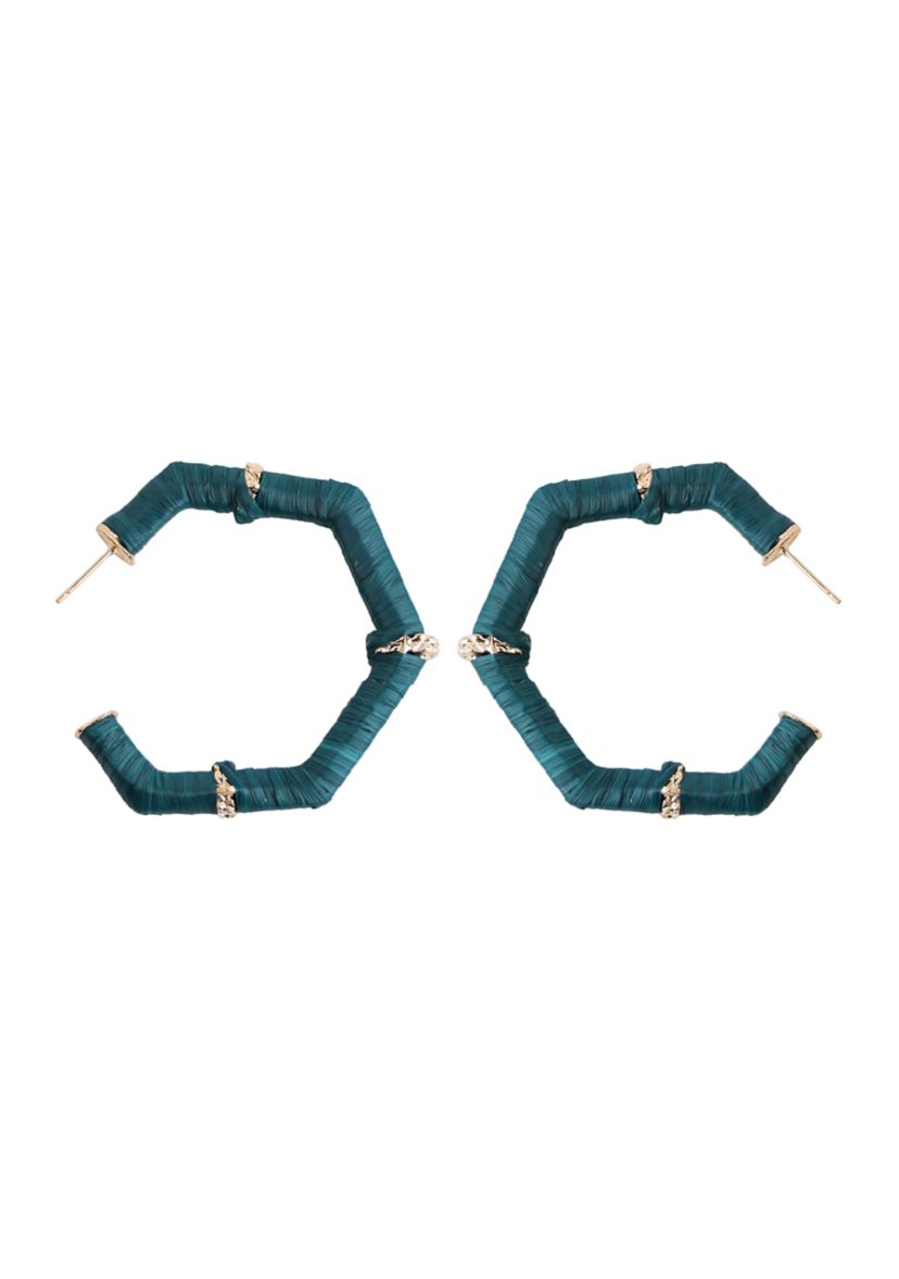Gold Plated Teal Raffia Hexagon Hoop Earrings