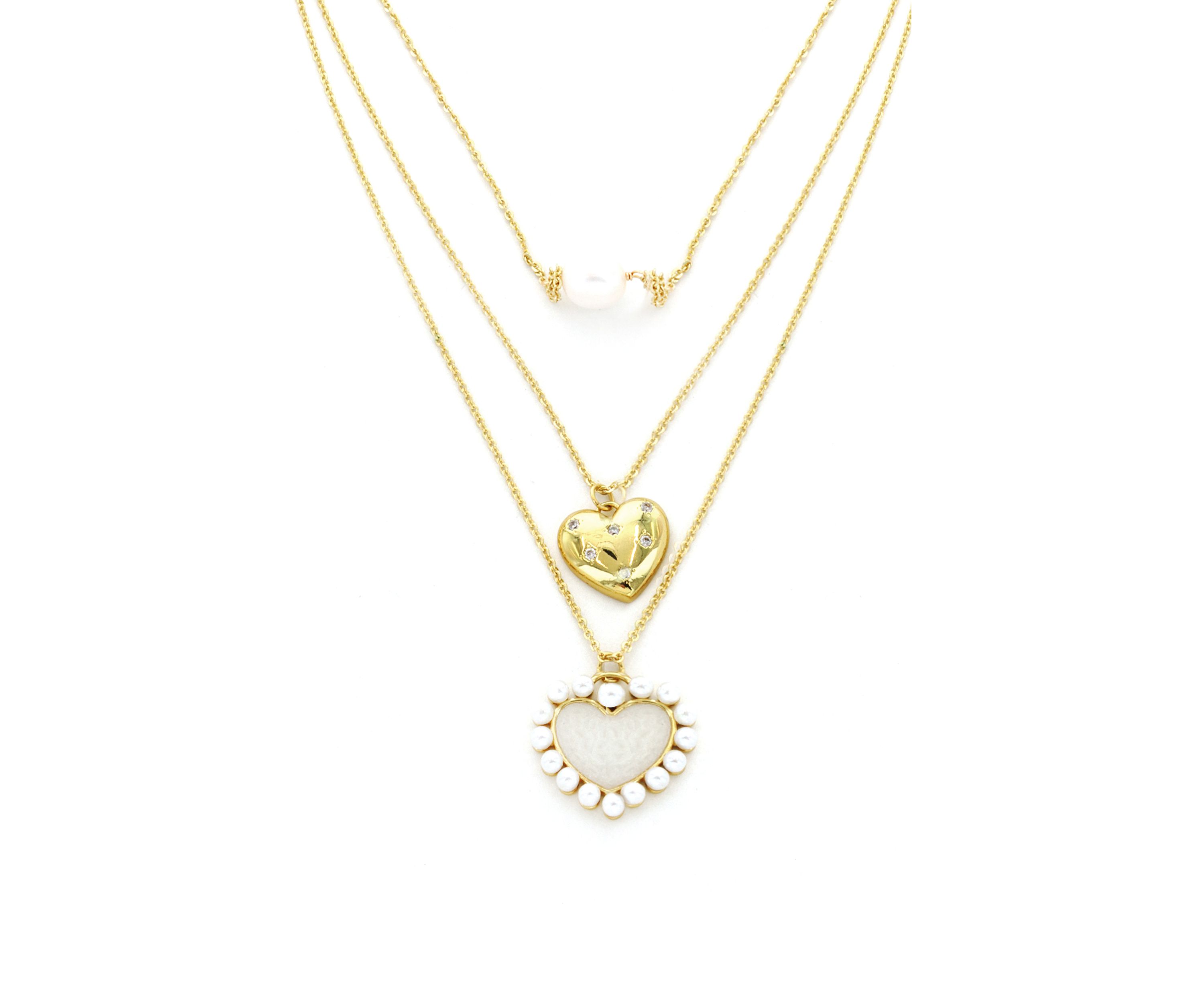 Gold Plated Heart Pearl Three Row Necklace