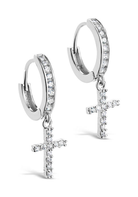 Sterling Silver Cubic Zirconia Cross Micro Hoop Earrings