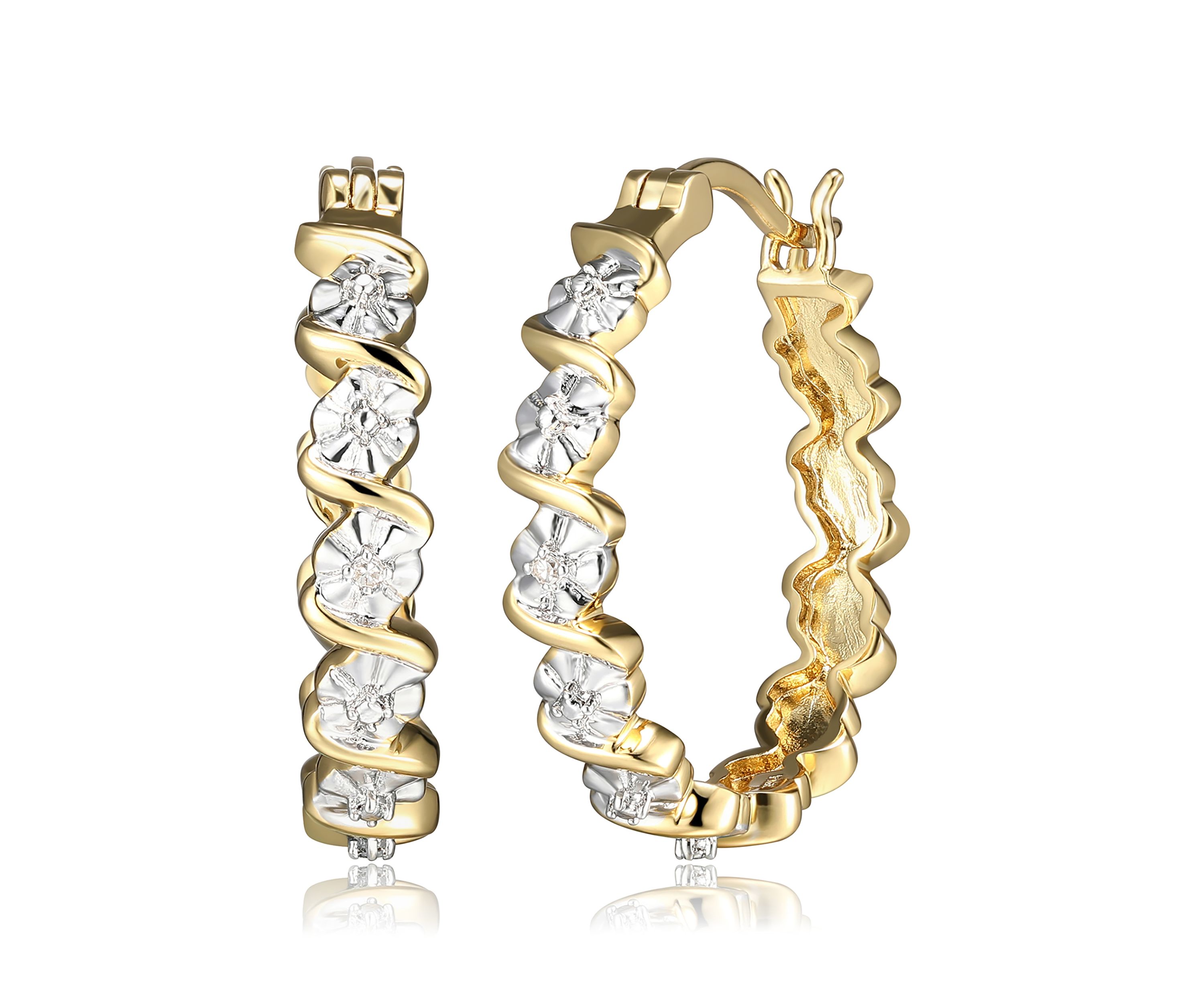 Fine Silver Plated Gold and Silver Tone S Link Miracle Illusion Diamond Accent Hoop Earrings
