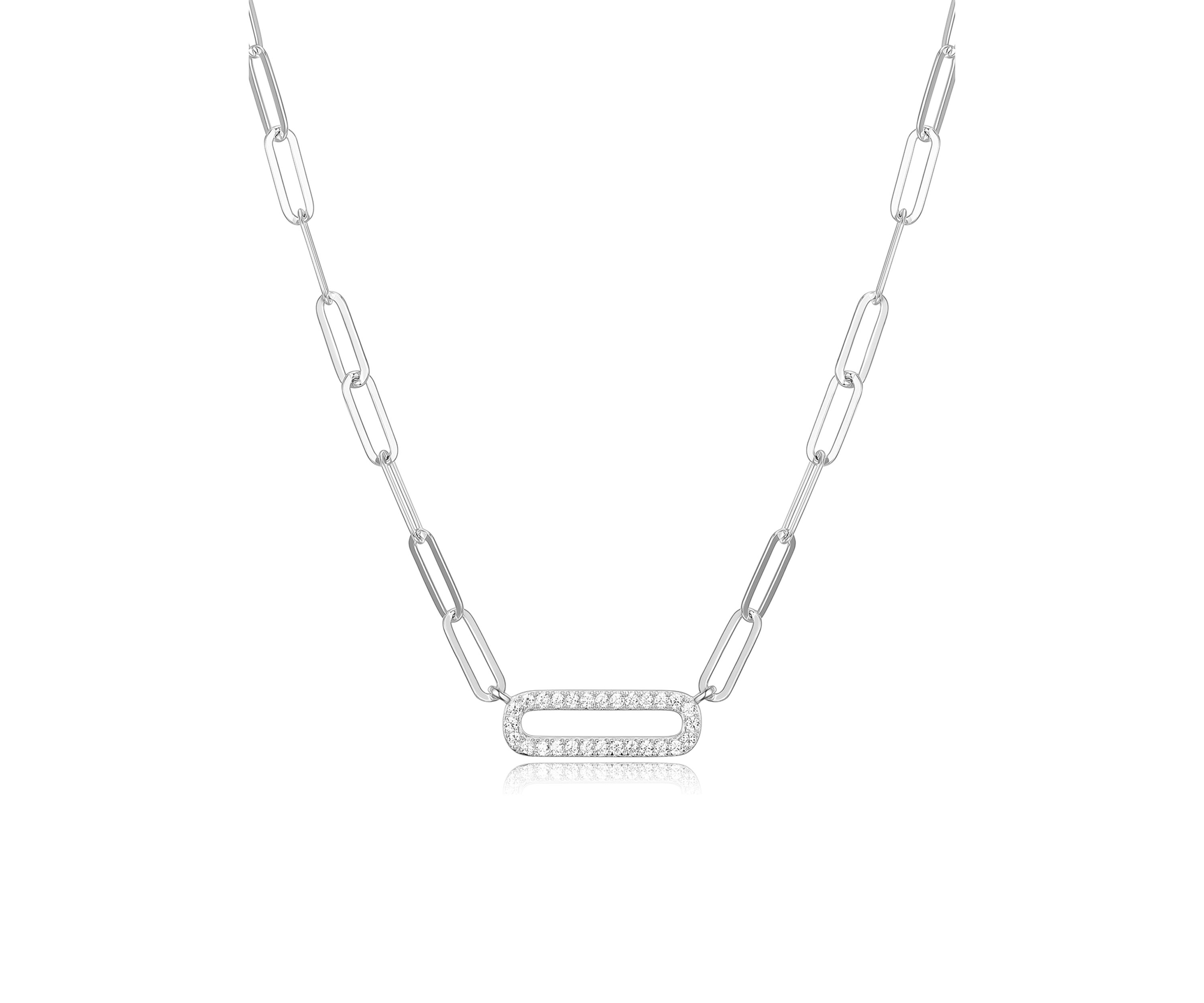 Lab Created 925 Sterling Silver Cubic Zirconia Lined Oval Link Paper Clip Necklace