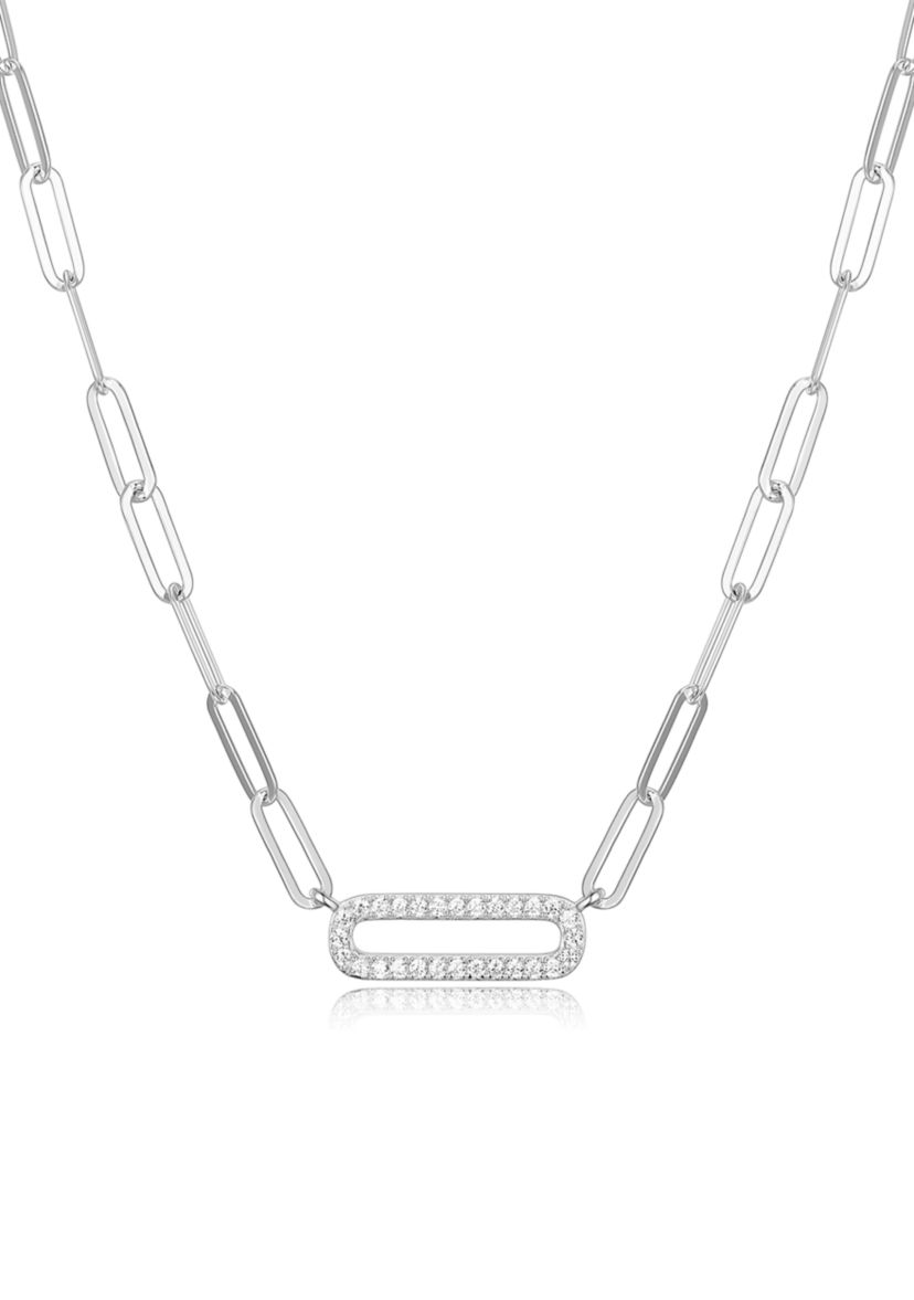 Lab Created 925 Sterling Silver Cubic Zirconia Lined Oval Link Paper Clip Necklace