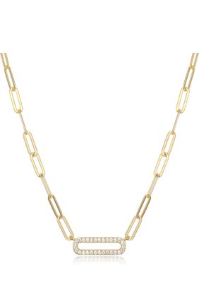 PAJ Lab Created 925 Sterling Silver Cubic Zirconia Lined Oval Link Paper Clip Necklace