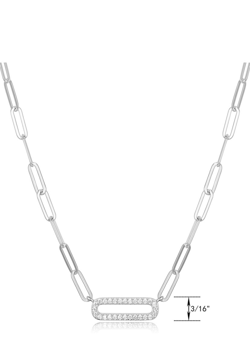Lab Created 925 Sterling Silver Cubic Zirconia Lined Oval Link Paper Clip Necklace