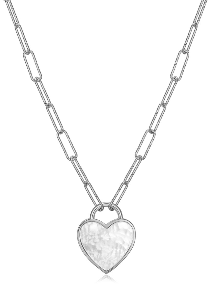 925 Sterling Silver Mother of Pearl Heart Paper Clip Necklace