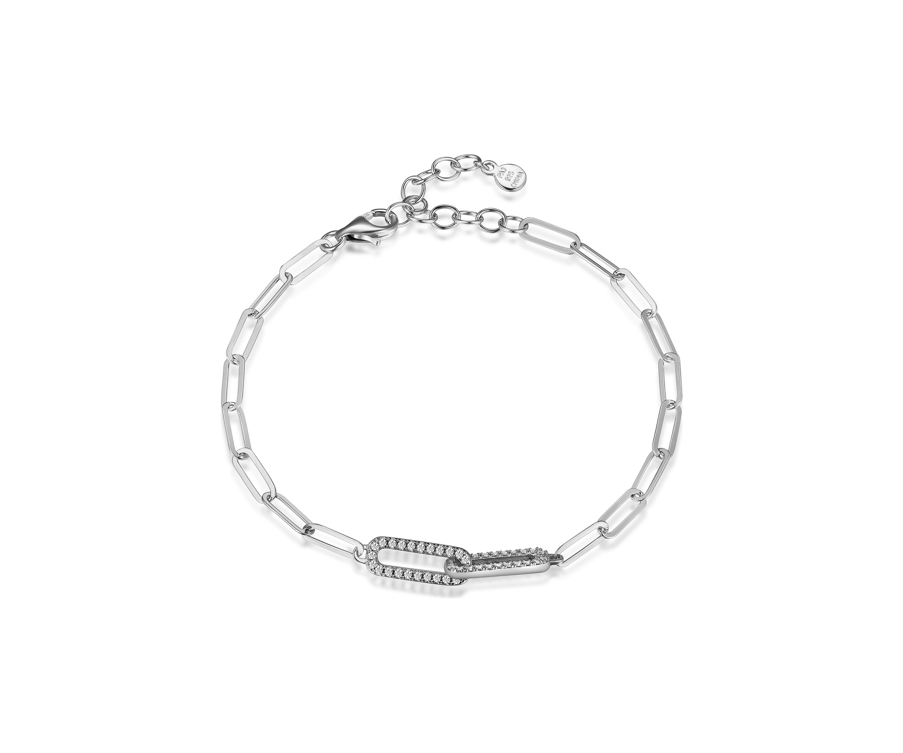 Lab Created 925 Sterling Silver Cubic Zirconia Lined Oval Double Link Paper Clip Bracelet