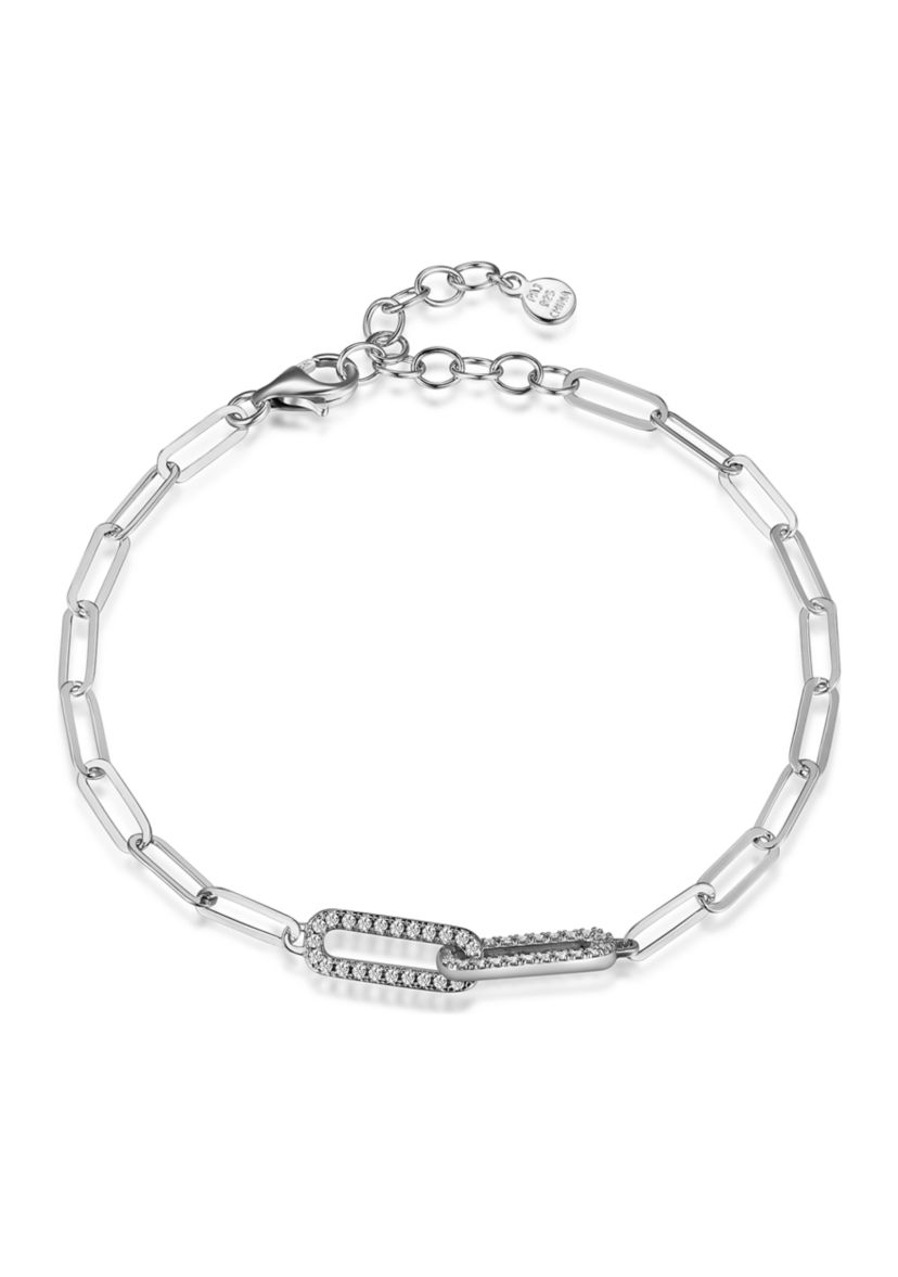 Lab Created 925 Sterling Silver Cubic Zirconia Lined Oval Double Link Paper Clip Bracelet