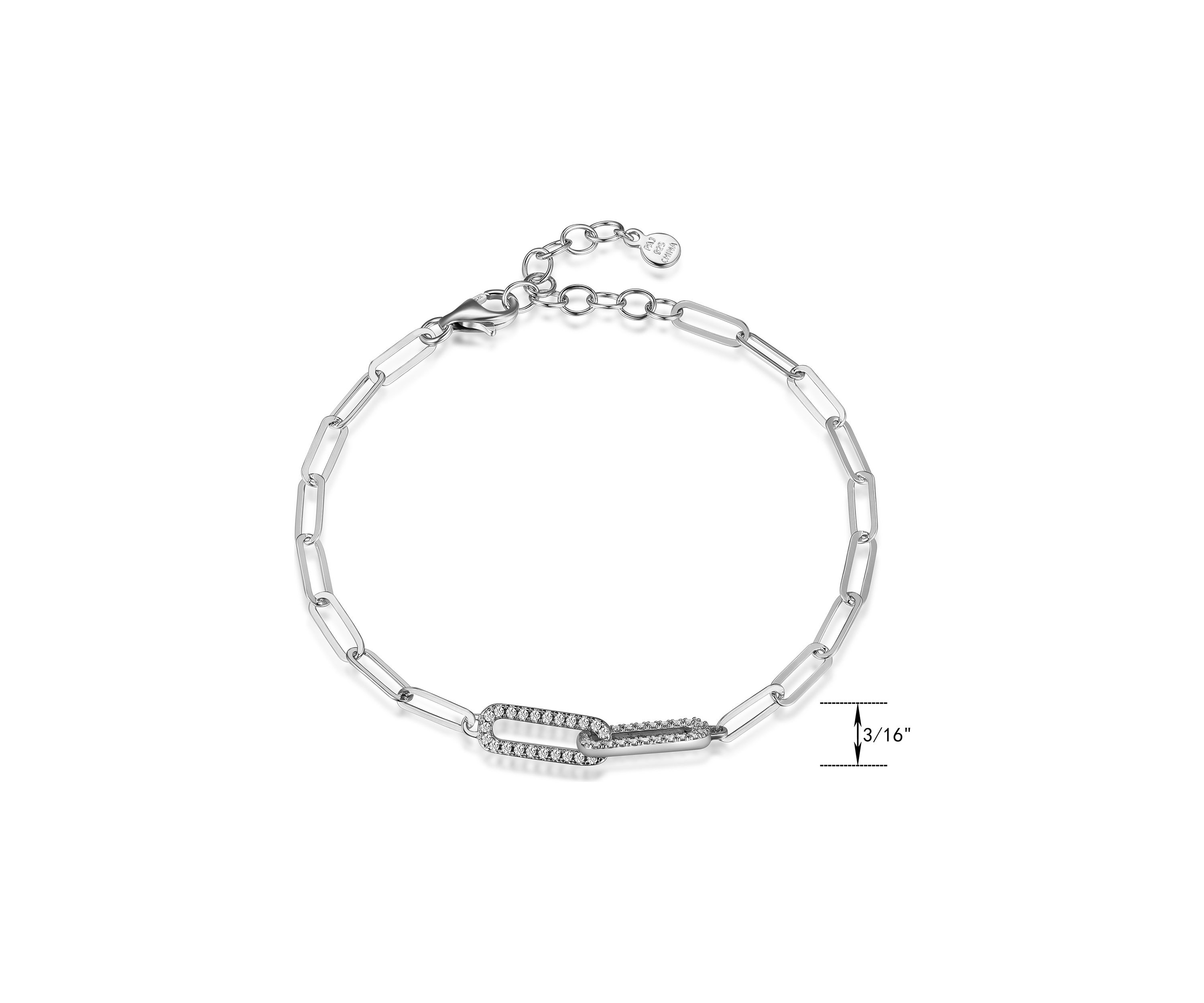 Lab Created 925 Sterling Silver Cubic Zirconia Lined Oval Double Link Paper Clip Bracelet