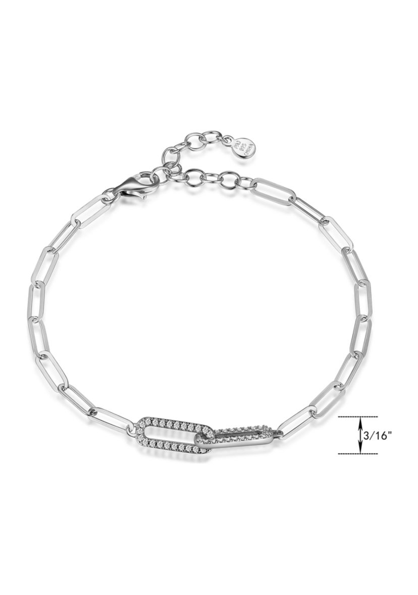 Lab Created 925 Sterling Silver Cubic Zirconia Lined Oval Double Link Paper Clip Bracelet