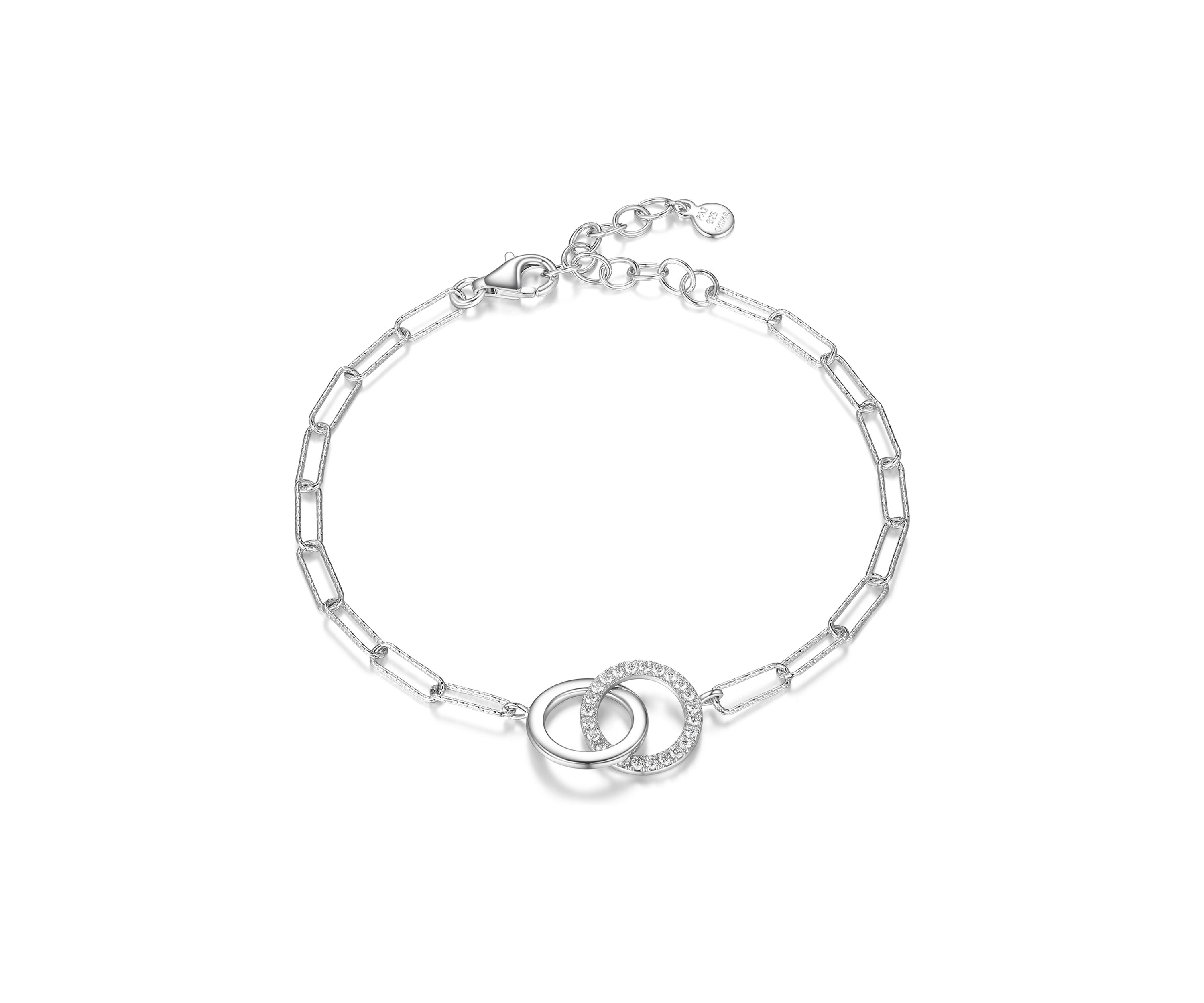 Lab Created 925 Sterling Silver Cubic Zirconia Lined Double Circle Paper Clip Bracelet