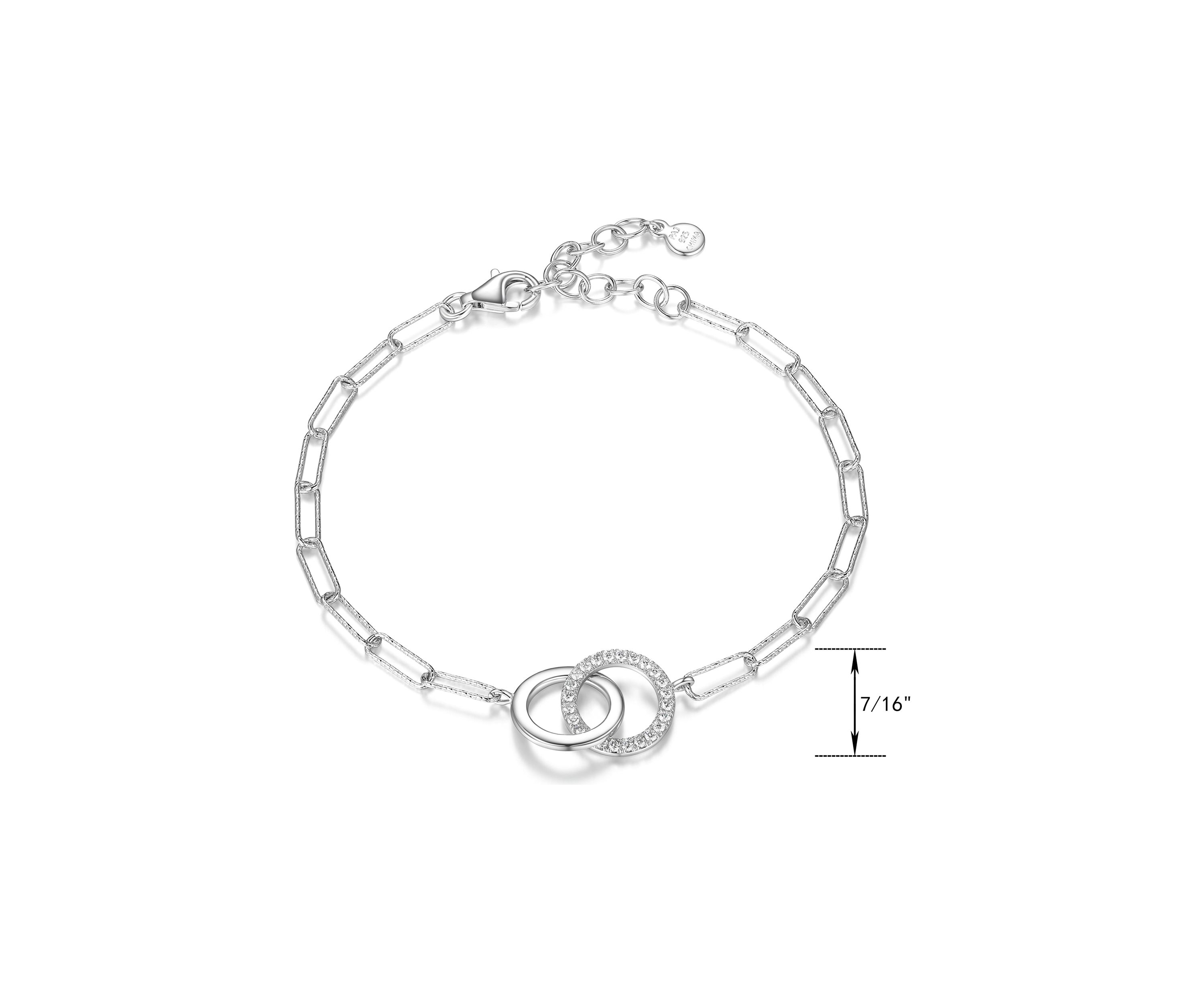 Lab Created 925 Sterling Silver Cubic Zirconia Lined Double Circle Paper Clip Bracelet