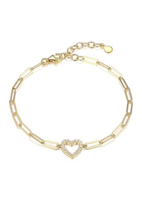 Lab Created 925 Sterling Silver Cubic Zirconia Open Heart Paper Clip Bracelet