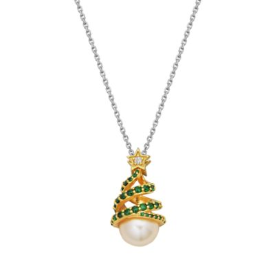 Aurealis Pearl and CZ Christmas Tree Necklace in 18k Gold Plated Sterling Silver