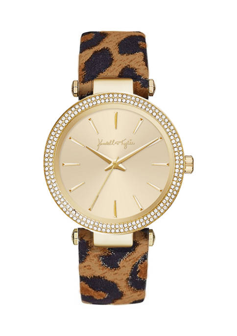 Gold Tone Analog Watch with Vegan Leather Leopard Print Strap