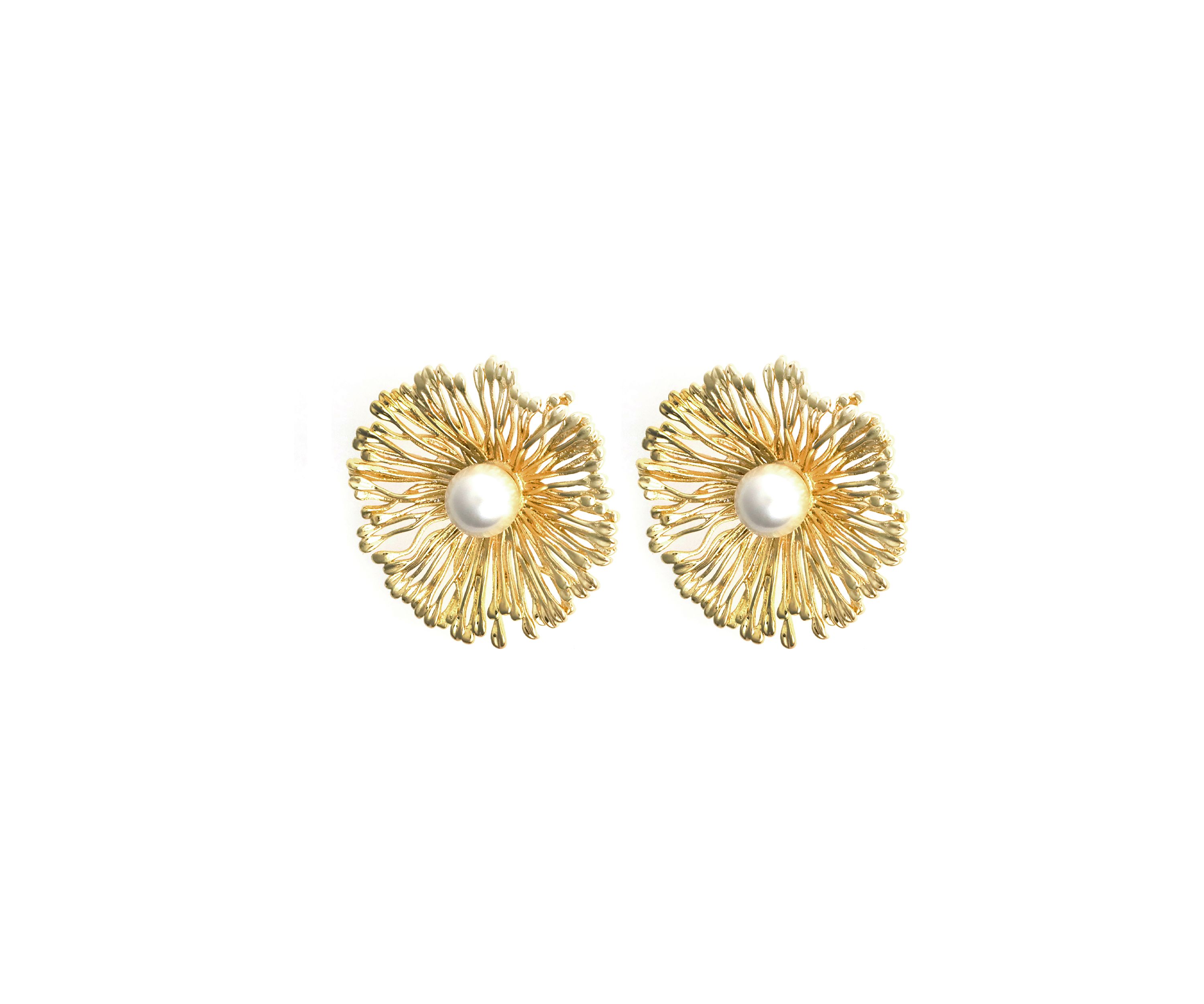 Gold Plated Pearl Center Flower Earrings