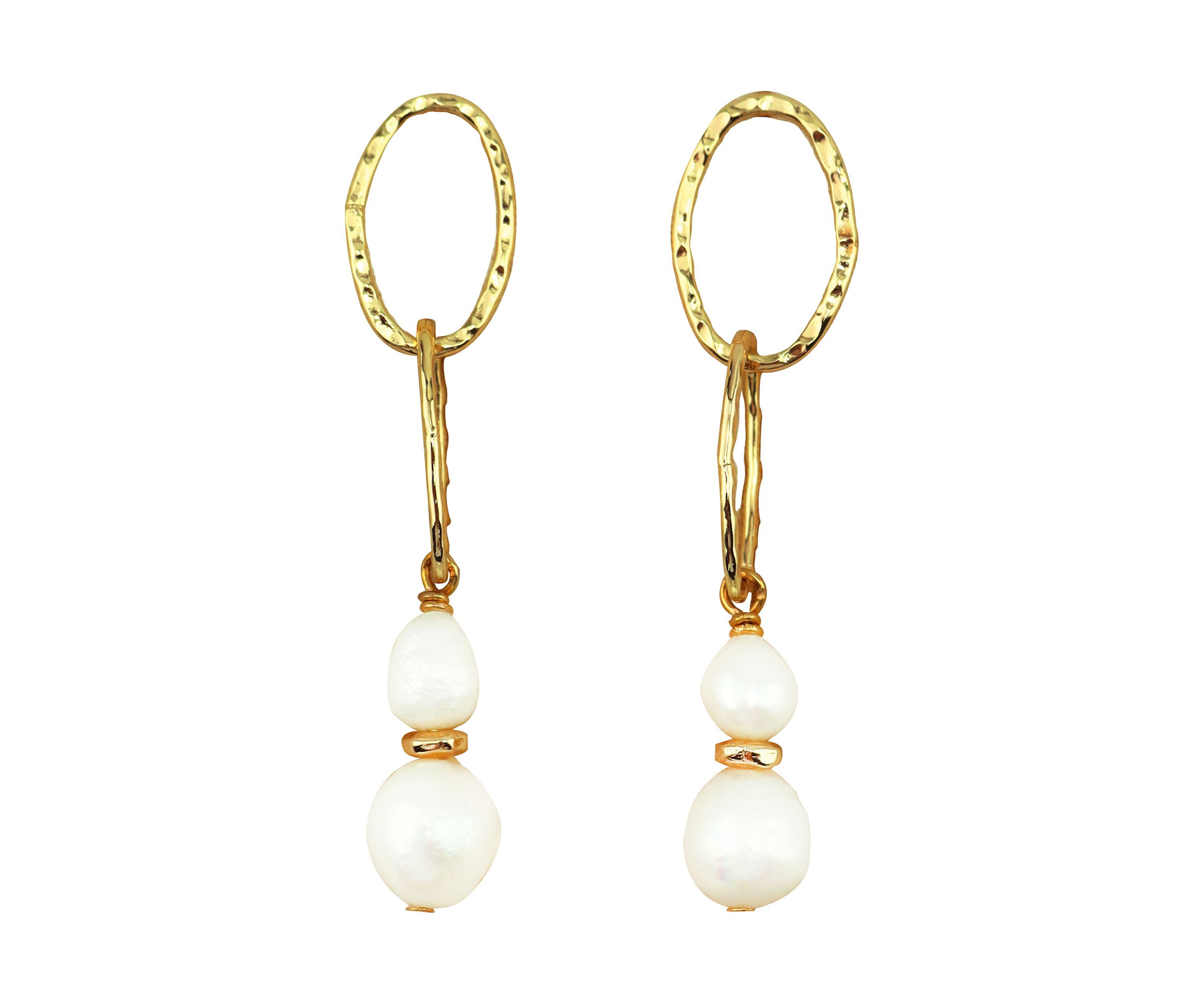 Gold Plated Circle Double Pearl Drop Earrings