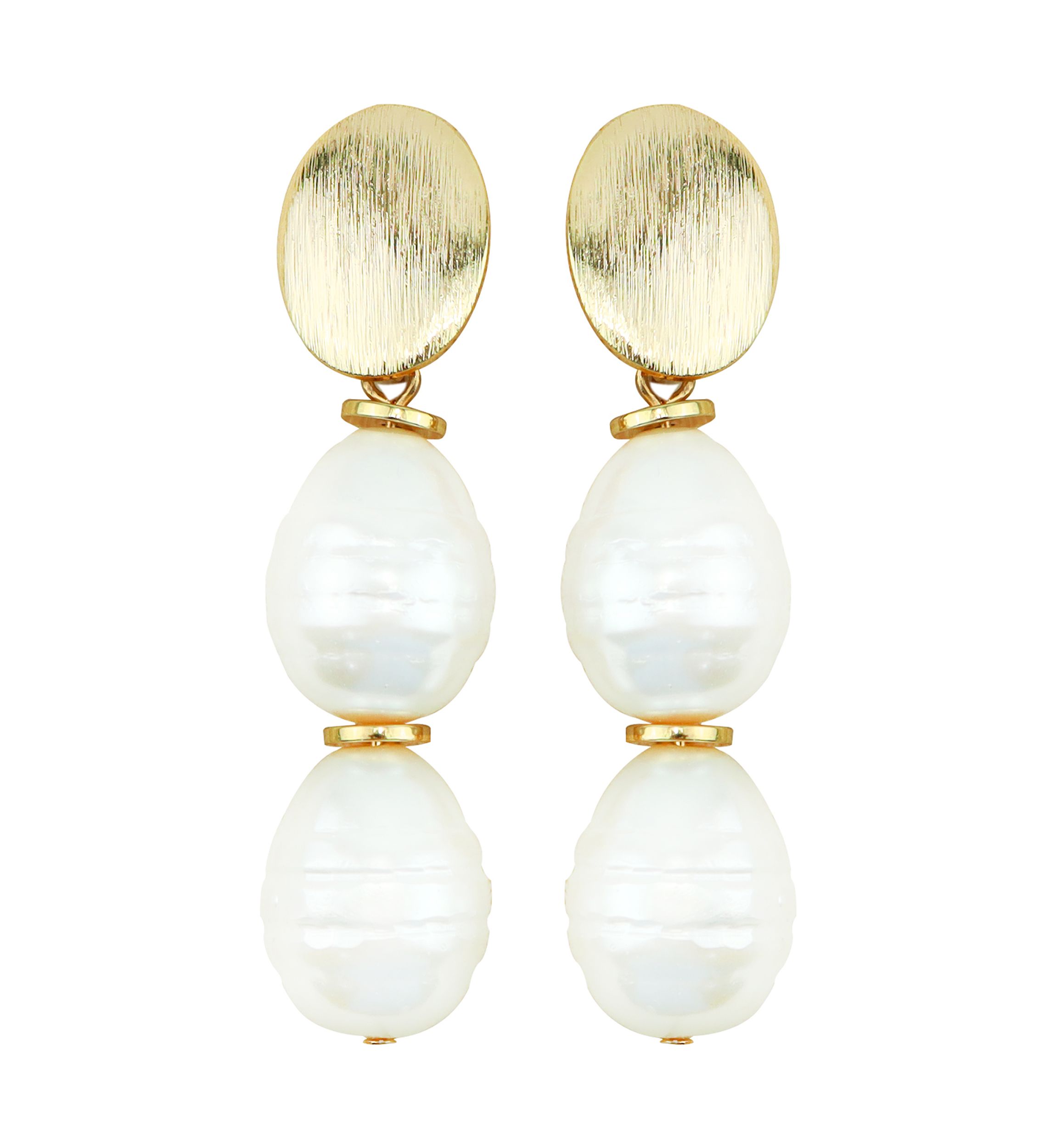 Gold Plated Top Double Pearl Drop Earrings