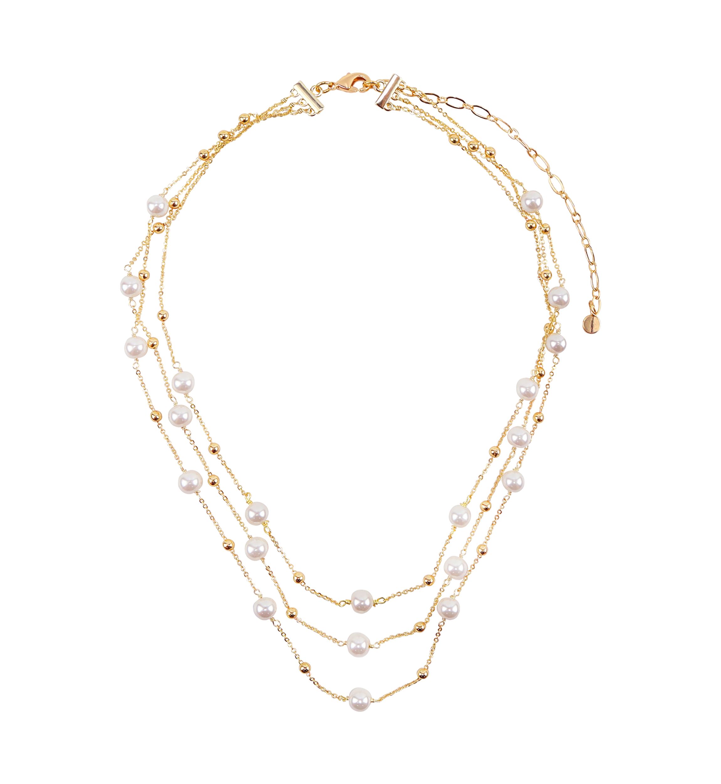Gold Plated Pearl Three Row Necklace