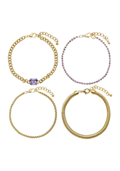 Gold Tone Purple Glass 4-Piece Bracelet Set