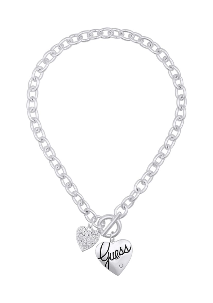 Silver Tone Front Close Toggle Heart Charm Necklace