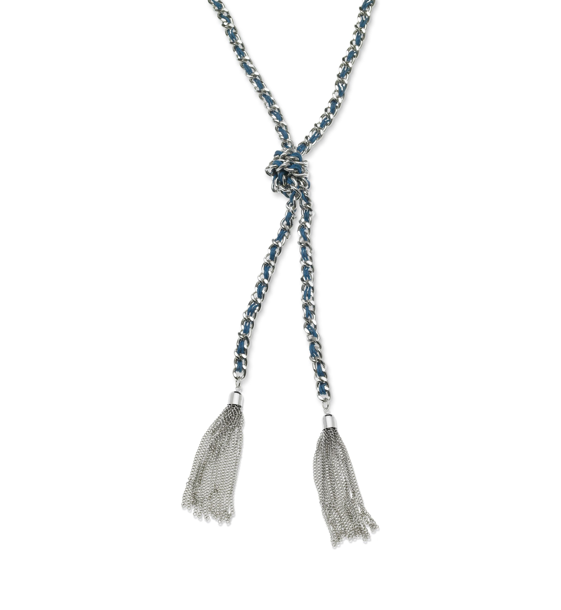 Silver Tone and Faux Suede Woven Y Necklace